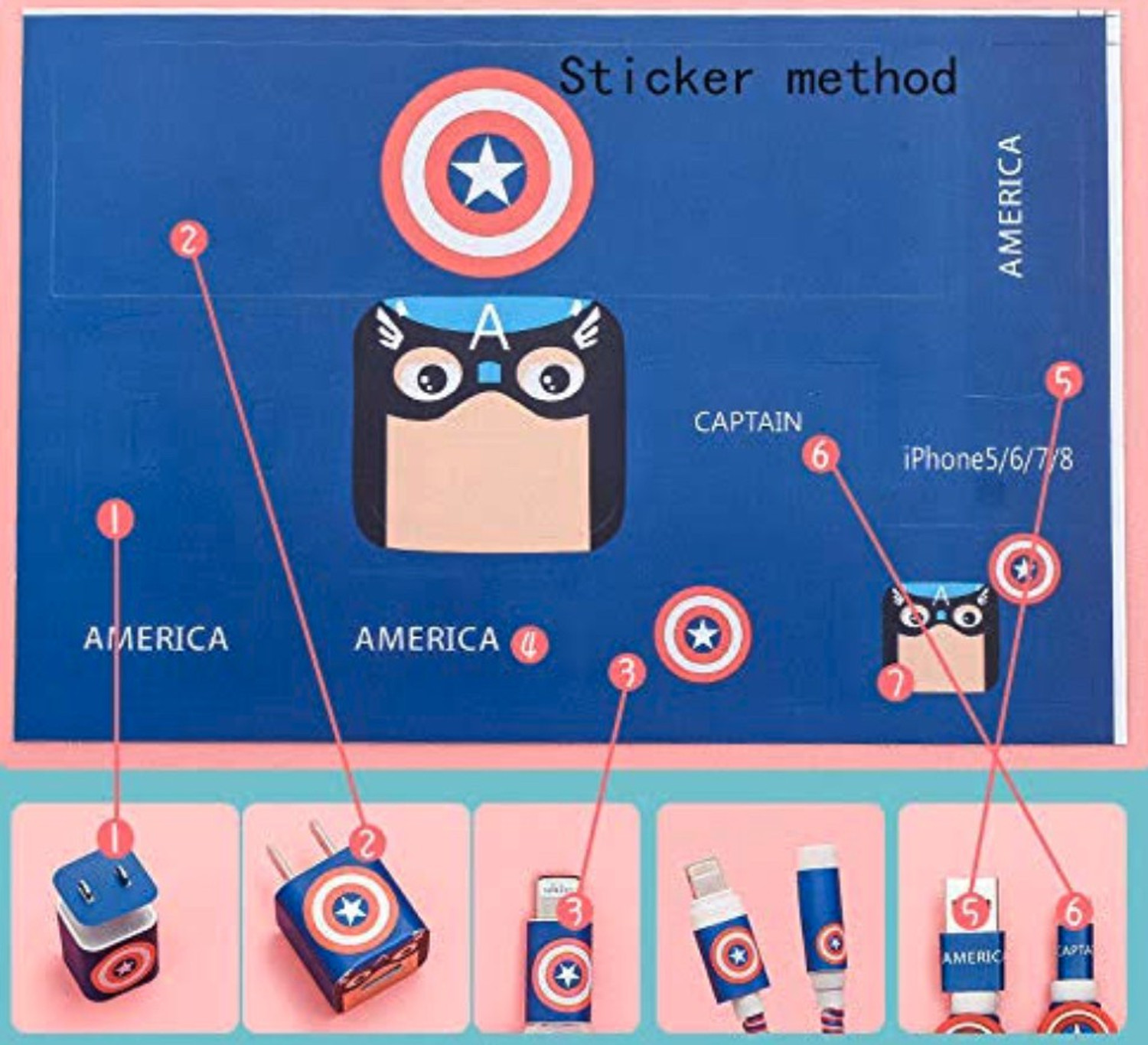 Image of Epaal 8-in-1 (Blue Captain America Style) Spiral USB and Earphone Cable Protectors Winder, Sticker, Clips, Organizer Clip Earphone Cable Organizer
