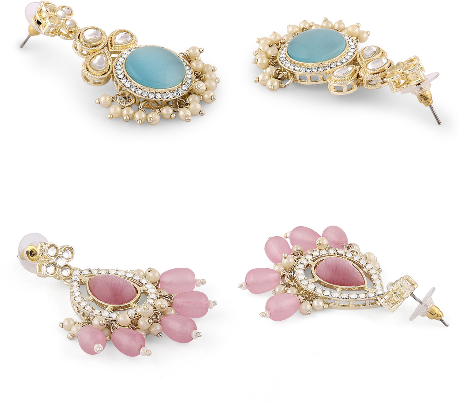 Image of ZAVERI PEARLS Zaveri Pearls Combo of 2 Turquoise Pink Kundan Diamonds Jhumki Earring-ZPFK16865 Beads Alloy Drops & Danglers