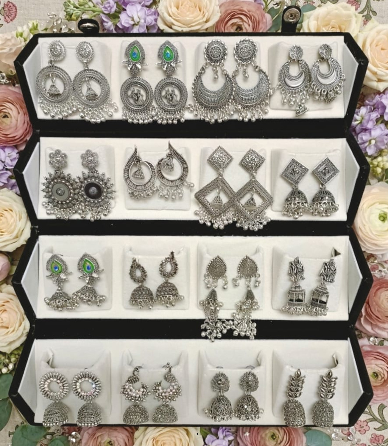 Image of DVISH 16 Pair earring box for women with Silver oxidized earrings Alloy Jhumki Earring