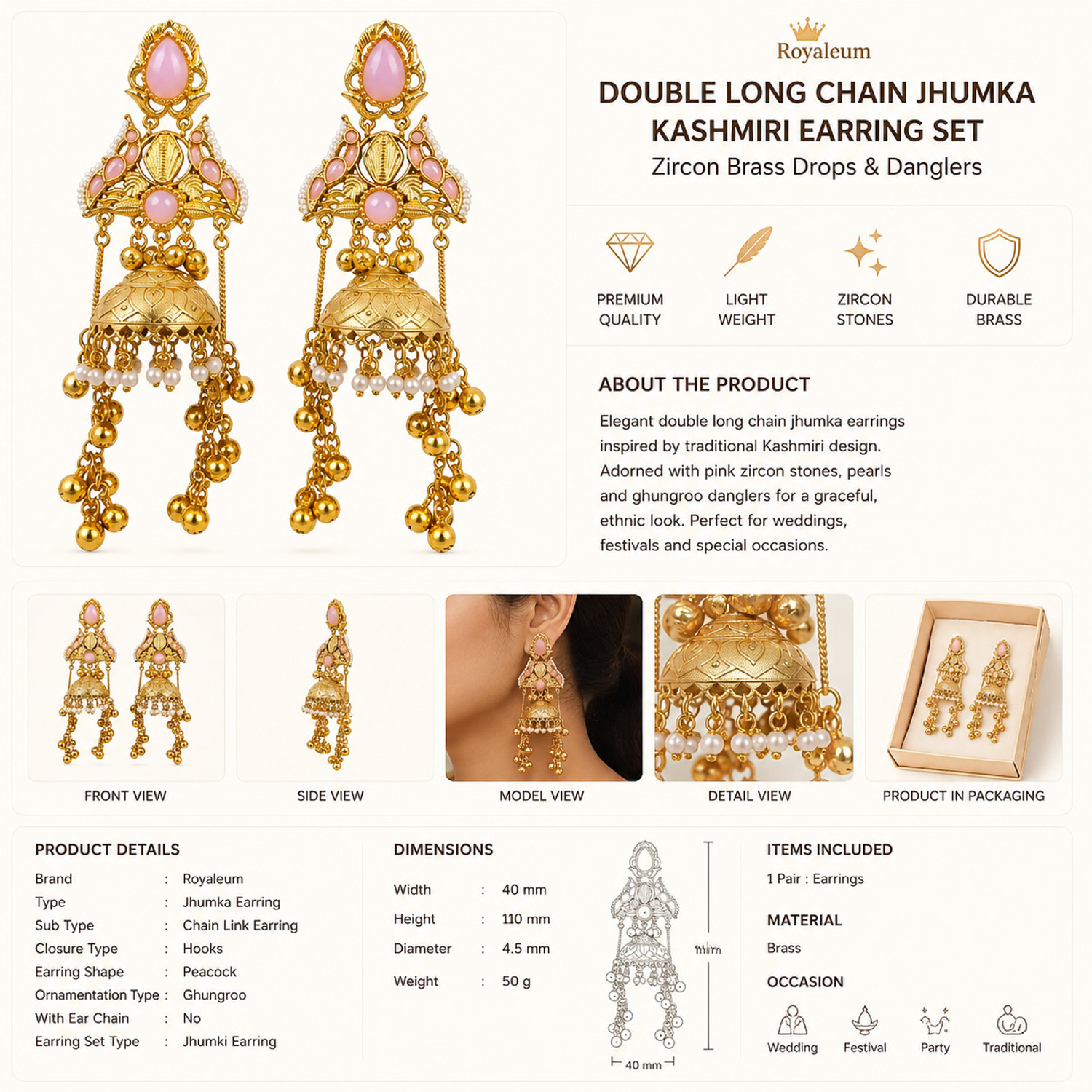 Image of Royaleum DOUBLE LONG CHAIN JHUMKA KASHMIRI EARRING SET Zircon Brass Drops & Danglers