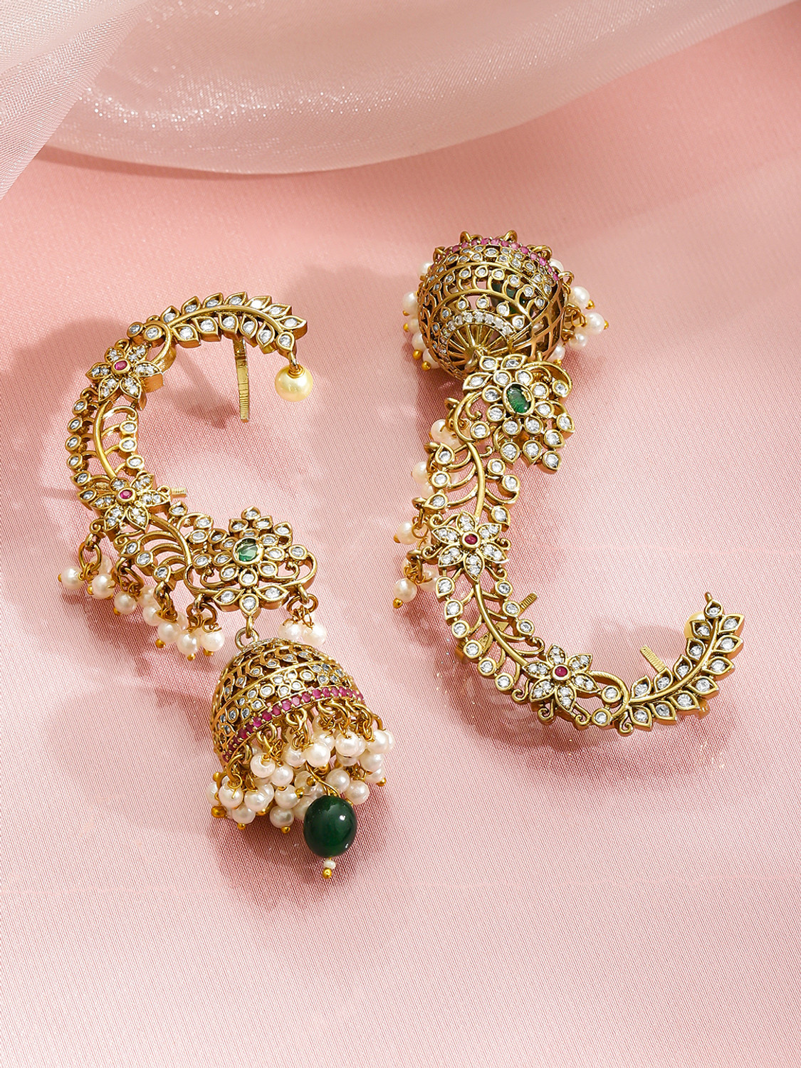 Image of RUBANS Rubans 22K Gold-Plated Ruby & Green Cubic Zirconia Ear Cuff Jhumka Earrings Brass Jhumki Earring