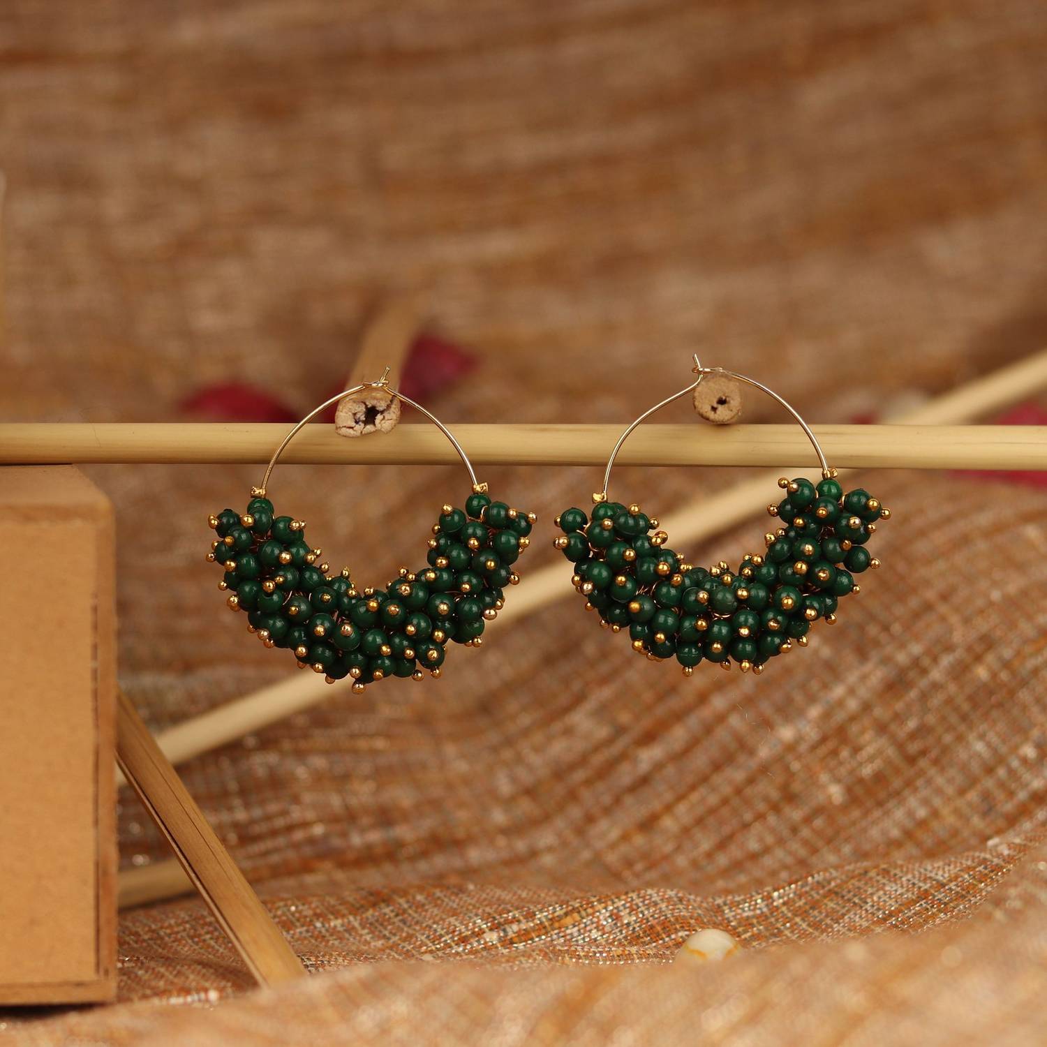 Anika's Creation Stylish Gold Tone Green Pearl HoopWire Bali Earring Pearl Brass Hoop Earring