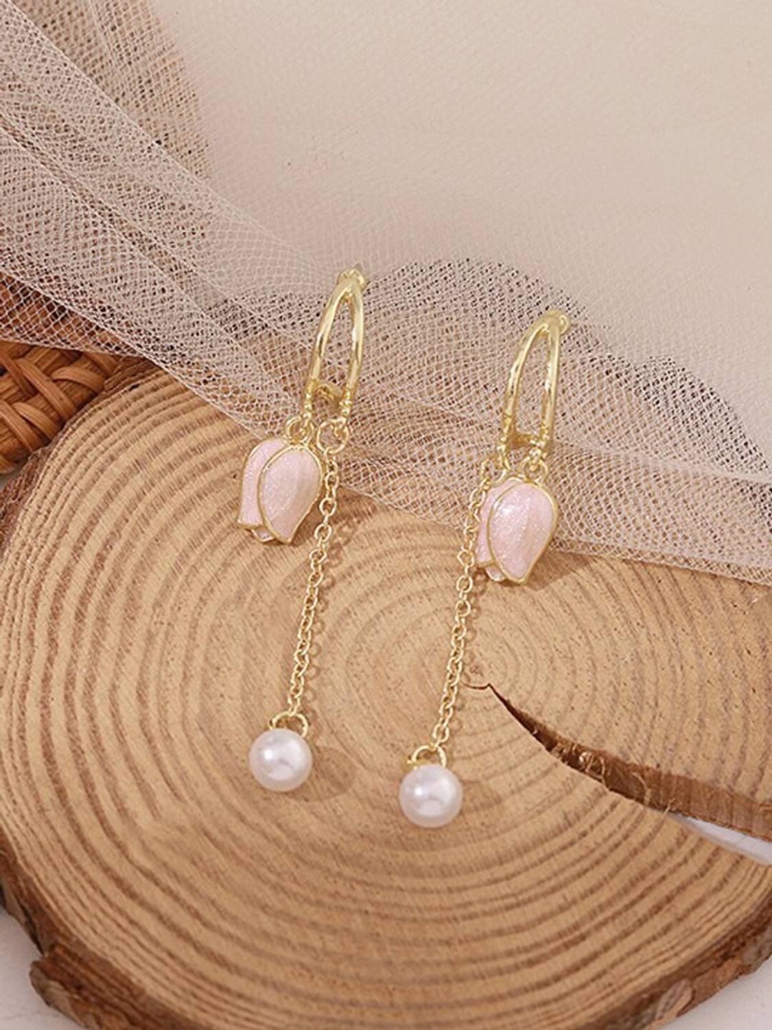 beyter Stainless Steel Chain Pearl Drop Floral Half Hoop Earrings Stainless Steel Drops & Danglers