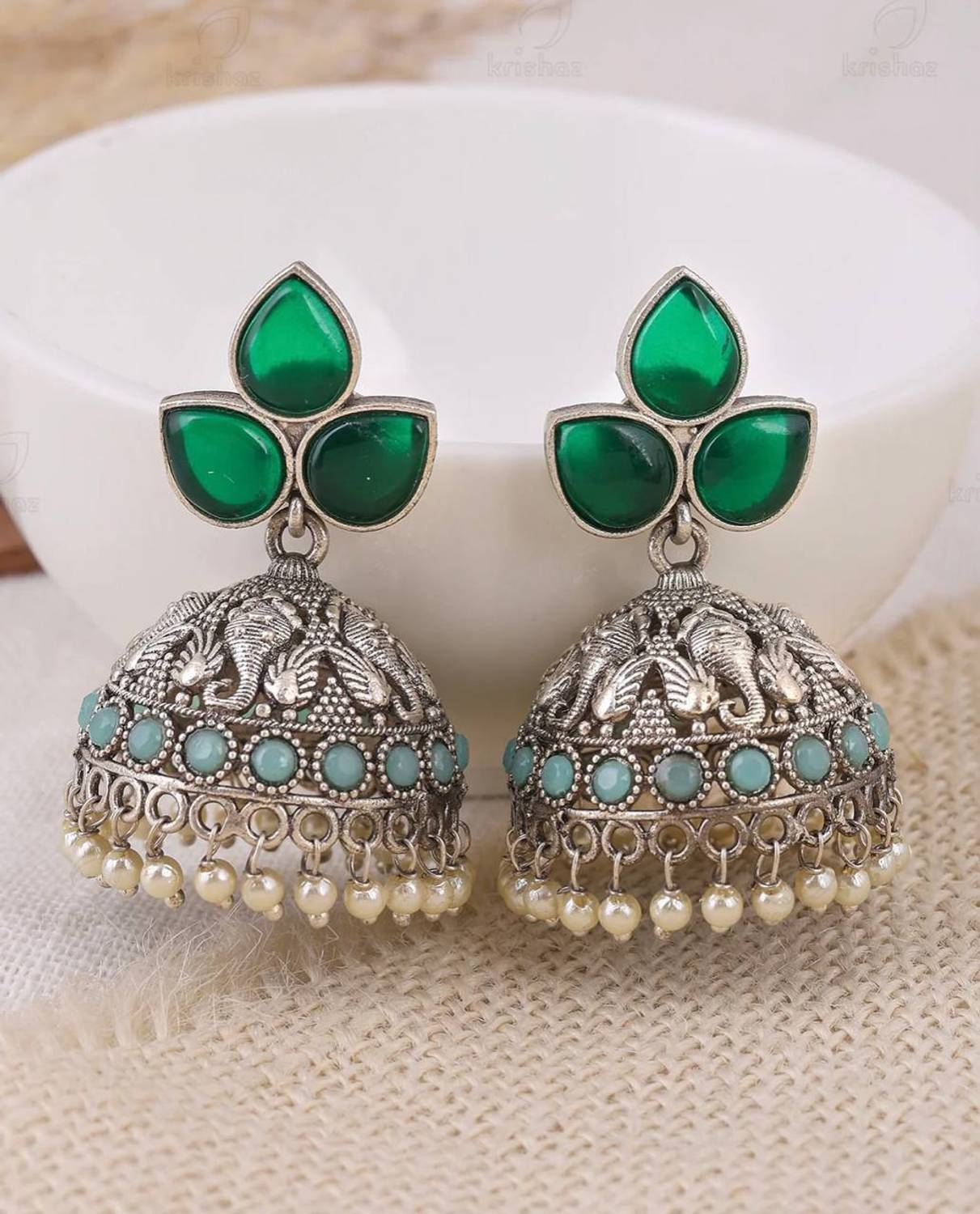 AKENTERPRISE Oxidised Silver Elephant Motif Green Stone Jhumka Earrings Alloy Jhumki Earring