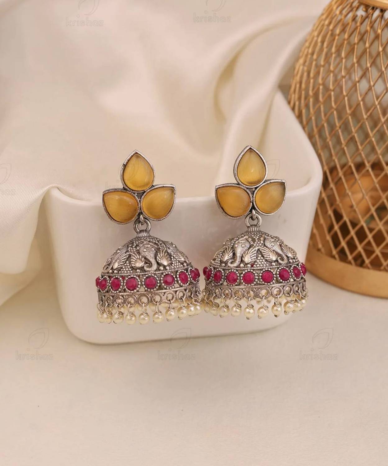 AKENTERPRISE Oxidised Silver Elephant Motif Green Stone Jhumka Earrings Alloy Jhumki Earring