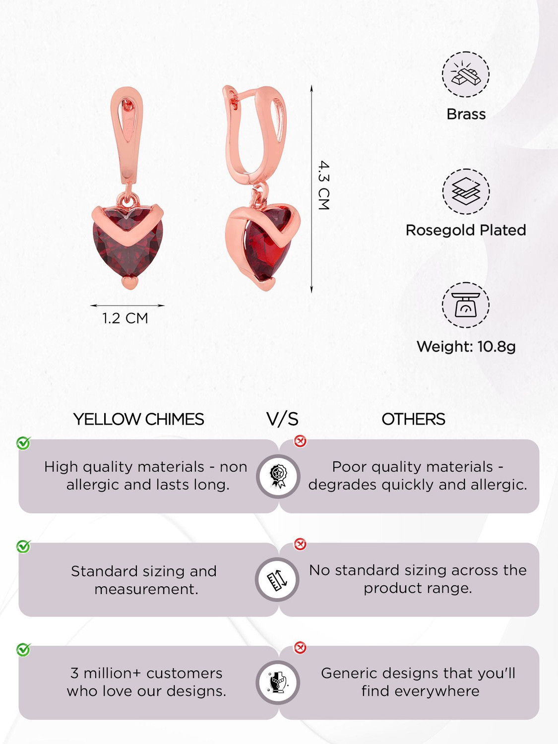 Image of YELLOW CHIMES Red Heart Austrian Crystal 18K Rose Gold Plated Brass Clip-on Earring