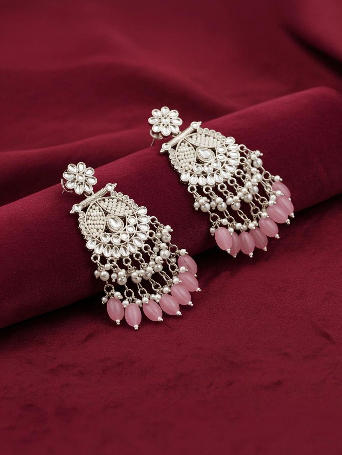 Image of TESSARA Traditional Gold Plated Kundan Pearl with Pink Beads Drop Earrings for Women Alloy Drops & Danglers