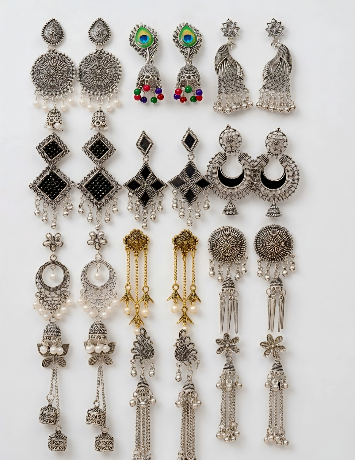 Image of rudrajwels 12 tredisnoal oxidised silver earrings and black valvet box gift combo Pearl Silver, Metal Drops & Danglers, Jhumki Earring, Stud Earring, Hoop Earring