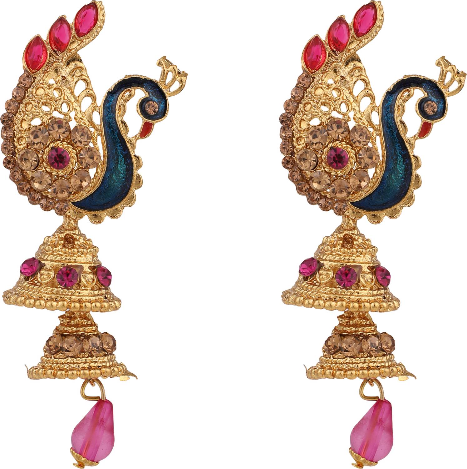 BHANA FASHION Peacock Shape Pink Stone Studded 2 Floor Jhumka Earring_BF Cubic Zirconia Brass Jhumki Earring