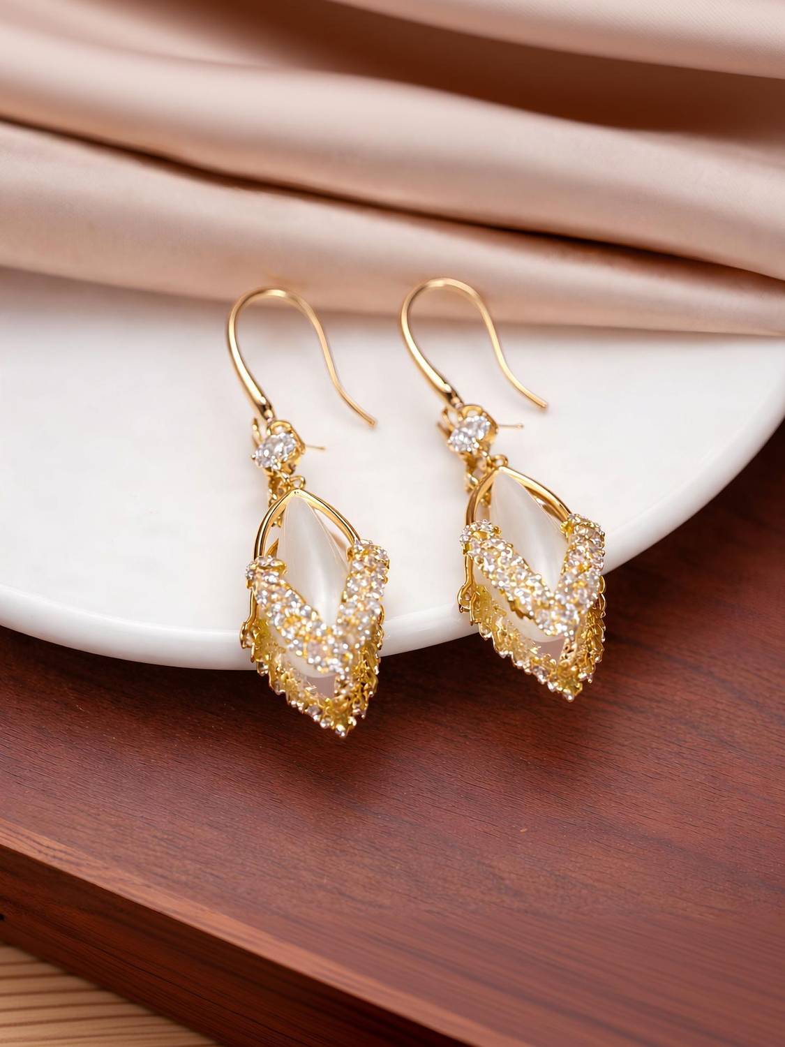 ANORI Designer Gold Plated Leaf Shape White Stone Drop Earrings for Women Cubic Zirconia, Crystal Alloy Stud Earring
