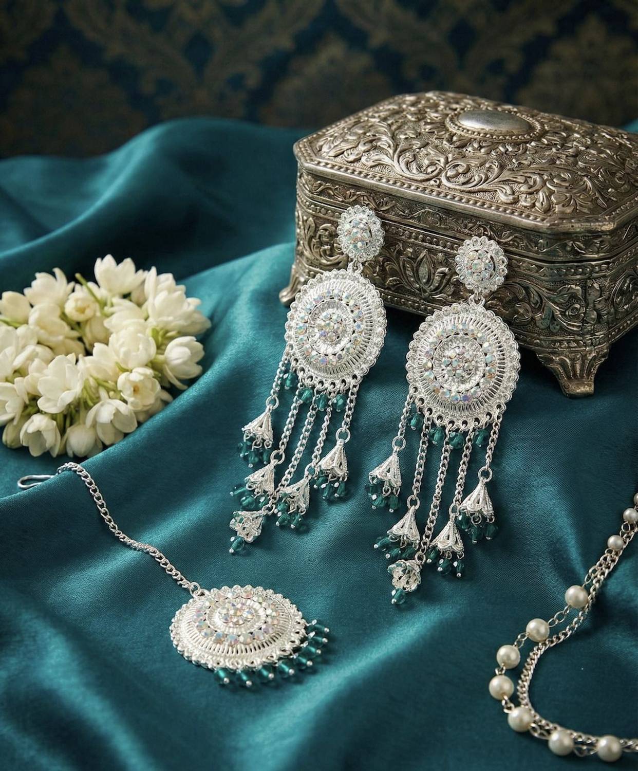 Aadya Collections Exquisite Silver-Plated Chandbali Earrings & Maang Tikka Set Alloy Chandbali Earring, Earring Set, Clip-on Earring