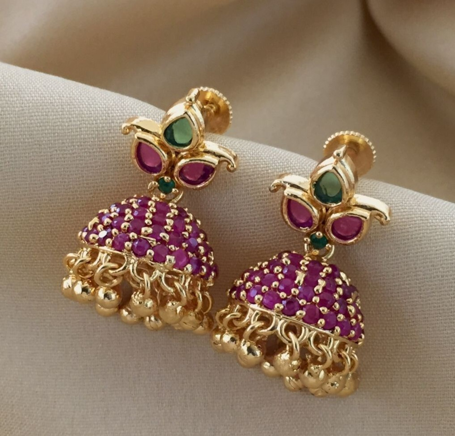 Image of PBM CREATIONS GOLD PLATED AD STONE WEDDING JHUMKI / HOOPS / PEARL STUD / KOREAN EARRING Copper Drops & Danglers, Jhumki Earring