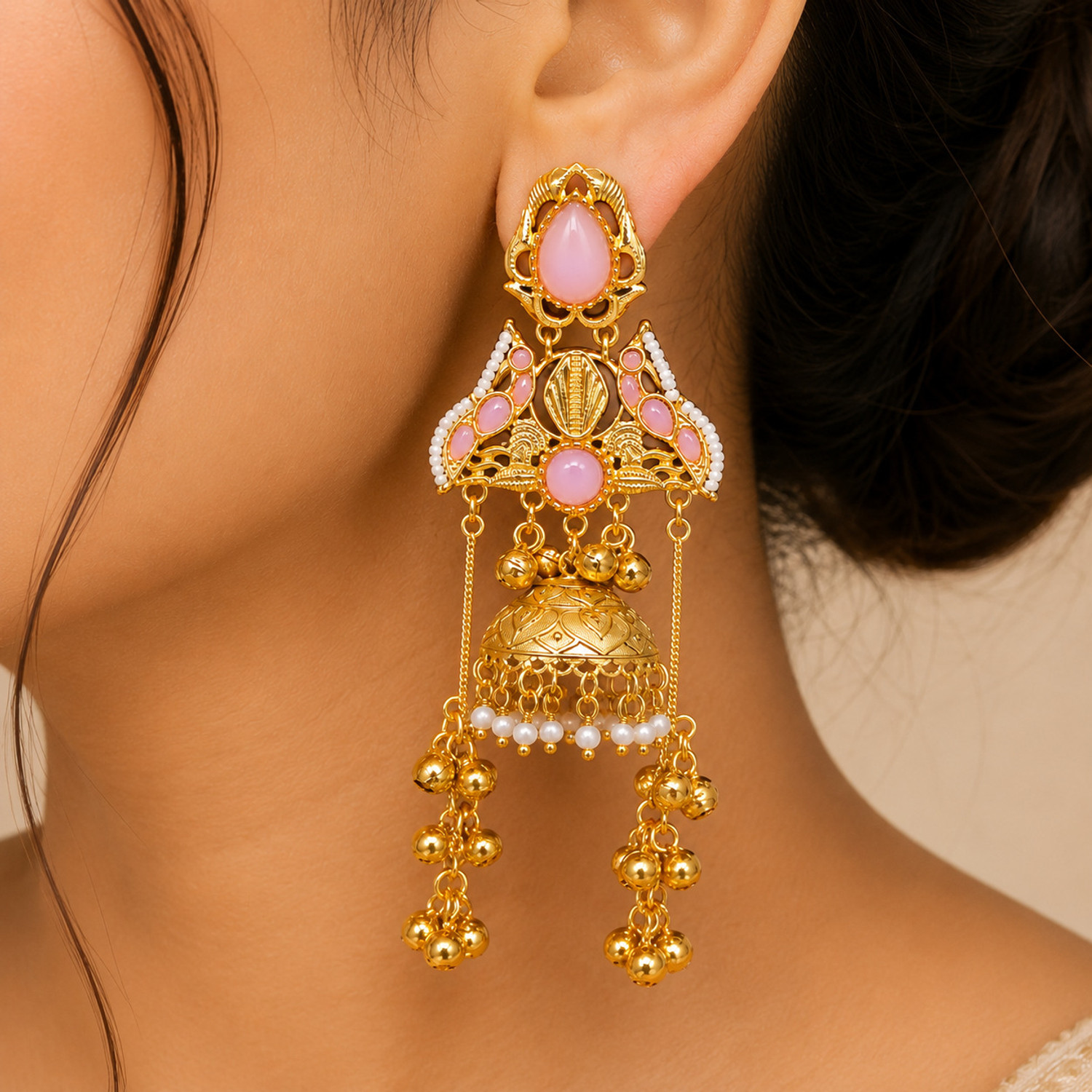 Image of Royaleum DOUBLE LONG CHAIN JHUMKA KASHMIRI EARRING SET Zircon Brass Drops & Danglers