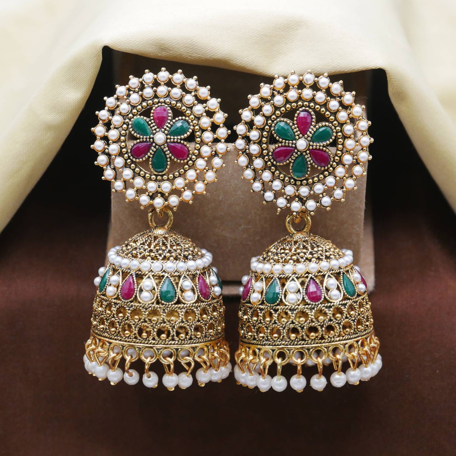 Antico Pearl Studded Gold Oxidised Jhumka Earrings for Girls and Women Alloy Jhumki Earring