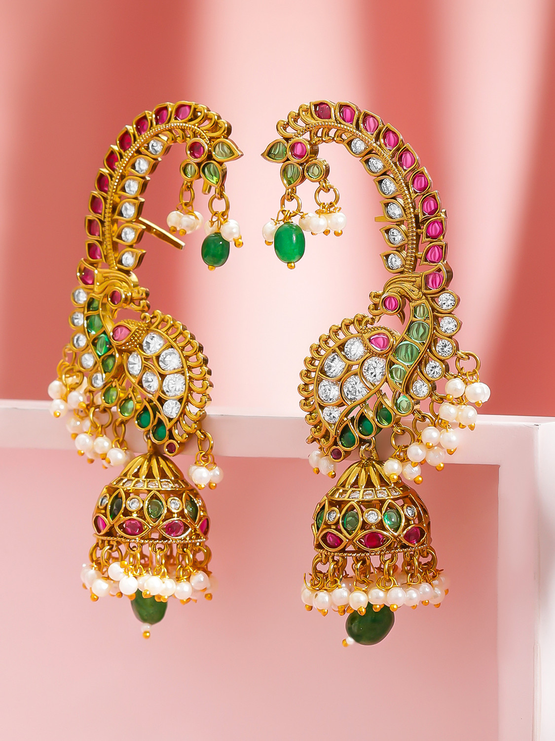 Image of RUBANS Rubans Gold Plated Peacock Motif Multicolor Ear Cuff Jhumkas Brass Jhumki Earring