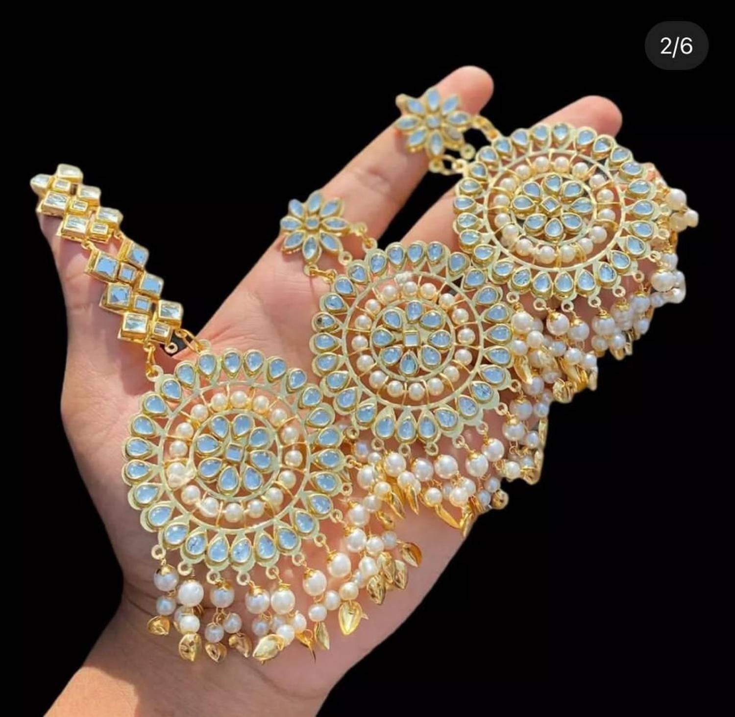 Aditya Fashion Pearl Studded Maang Tikka with Earrings Set Crystal Stones,Wedding Jewelry, Metal Chandbali Earring, Jhumki Earring