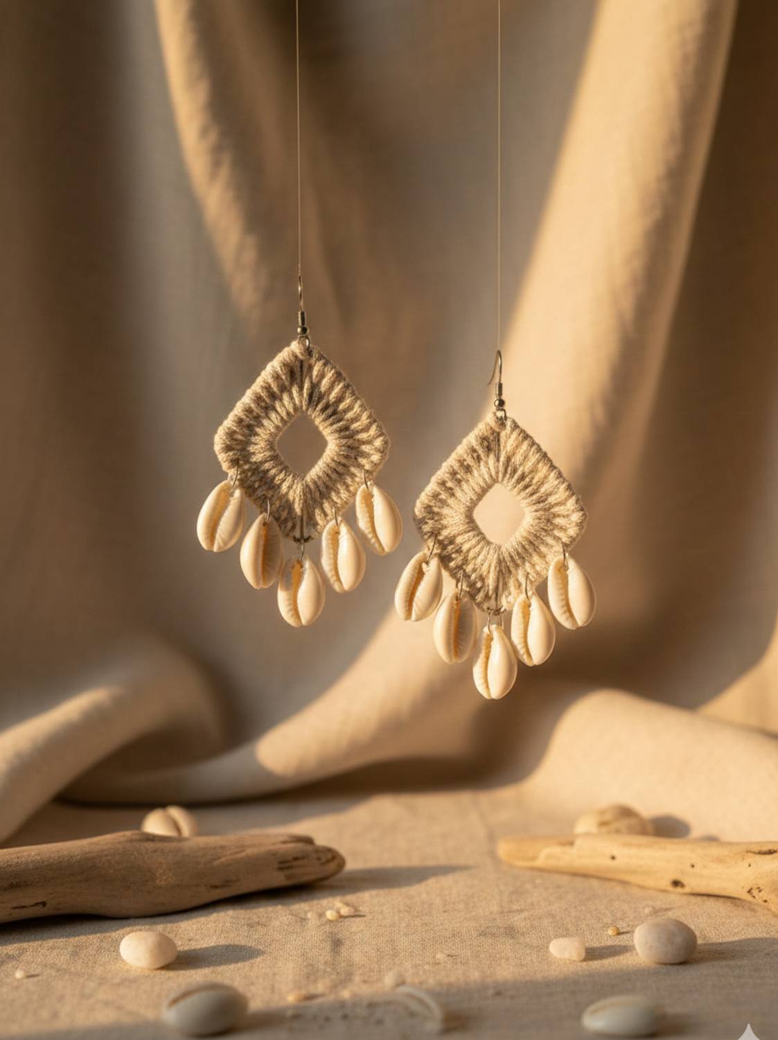 Ahritvi Boho Shell Drop Earrings for Women, Dangle Earrings with Cowrie Shells Cotton Dori Drops & Danglers