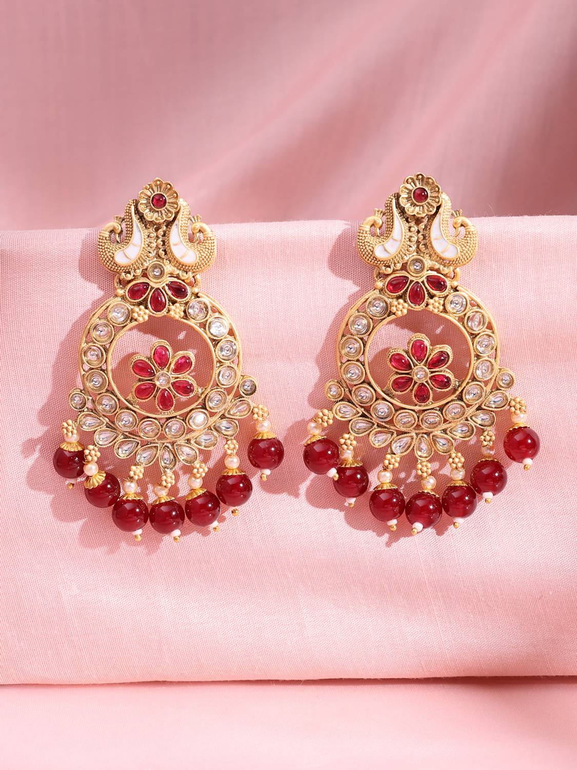 Adiva Gold-Plated Kundan & Glossy Ruby Pearl & Stone Peacock Meenakari Brass Drops & Danglers