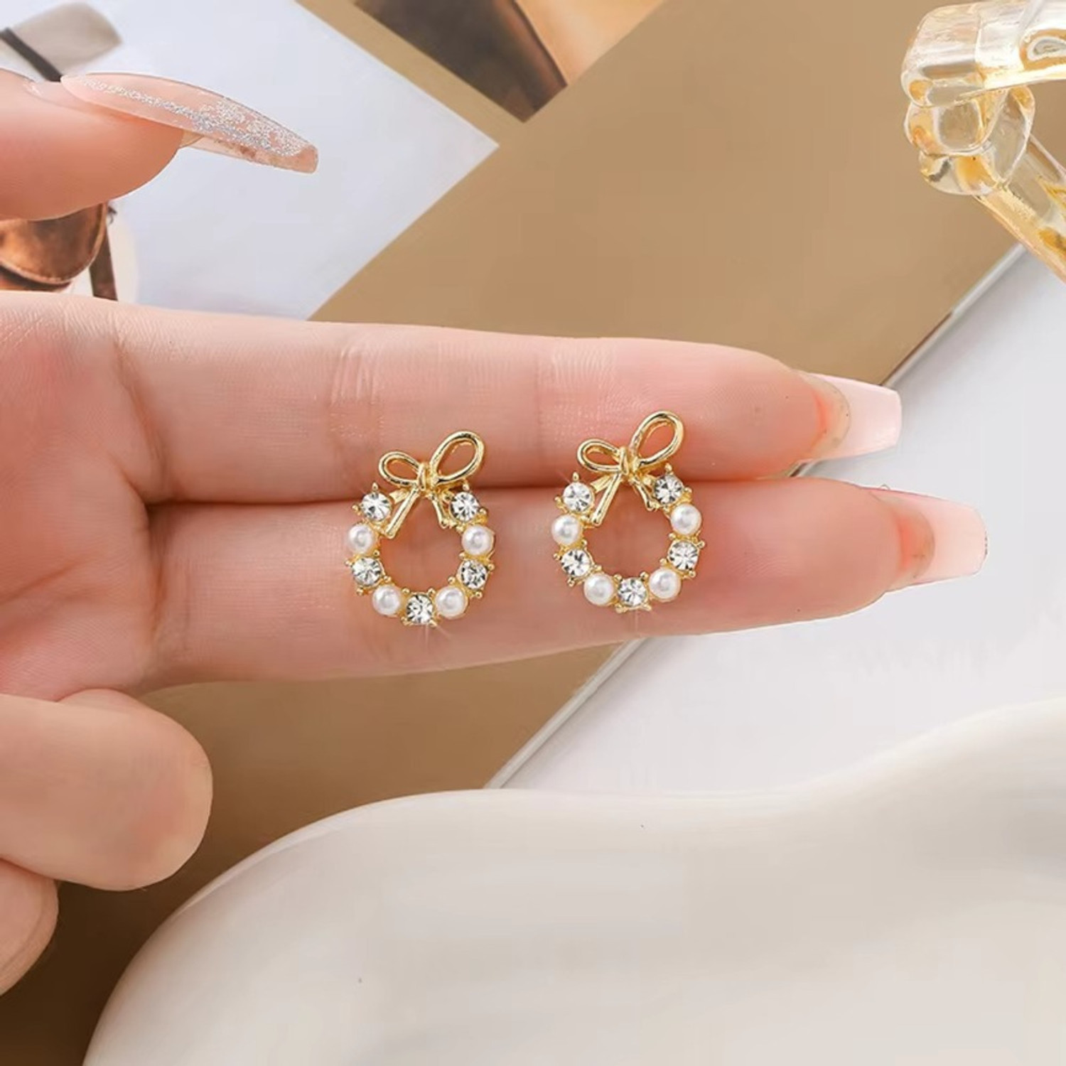 Image of Tiso Korean Pearl Gold Earrings & Chain Pendant Set for Women Girls Office Daily Wear Pearl, Cubic Zirconia, Crystal Alloy Chain Set