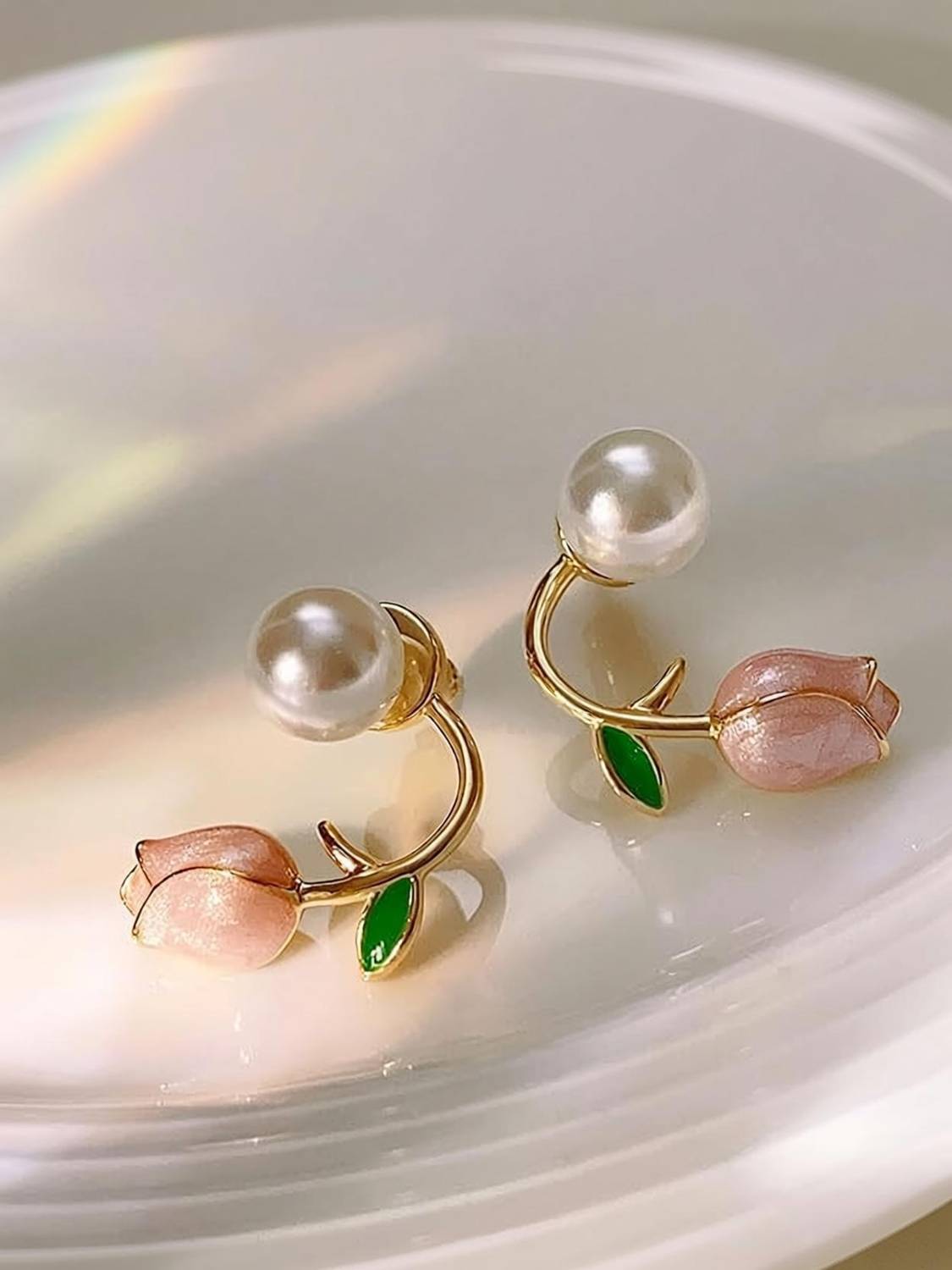 ABC Girls Tulip Pearl korean Earring in gold plated (pink) Pearl Alloy Plug Earring