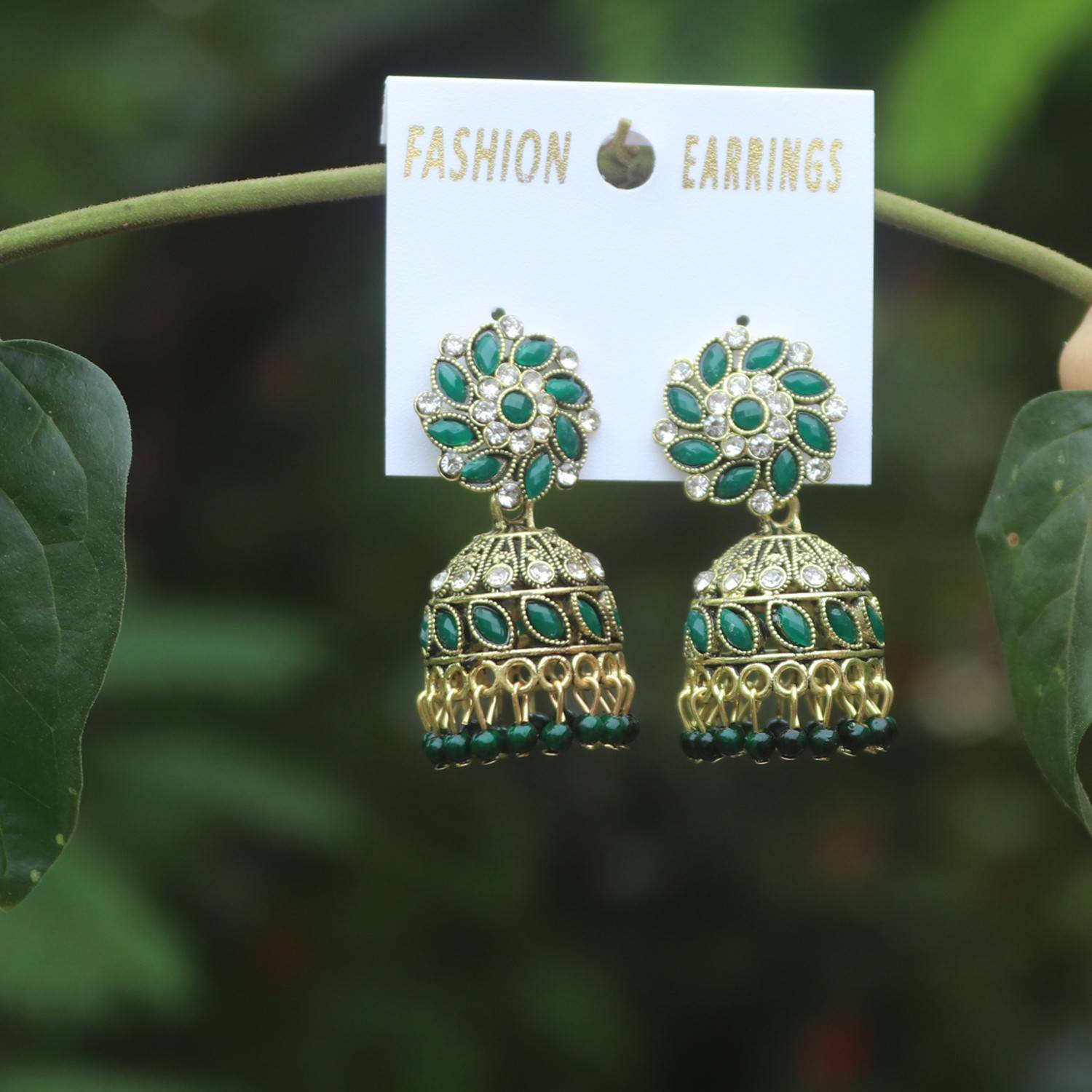 Aarohi Gold Tone Traditional Kundan & Pearls Floral Green Jhumki Earring For Women Alloy Jhumki Earring