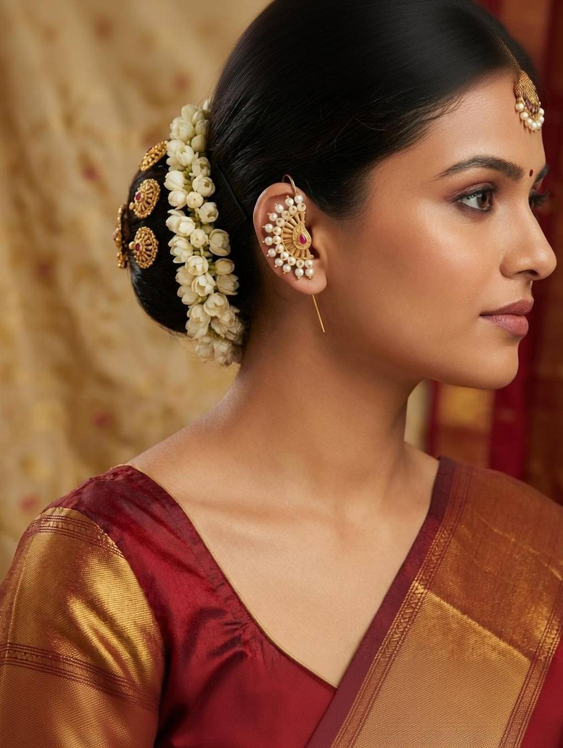Aaiku Peshwai Pearl Chand Kan Maharashtrian Heritage Kairi Style for Women and Girls Ruby Copper Cuff Earring