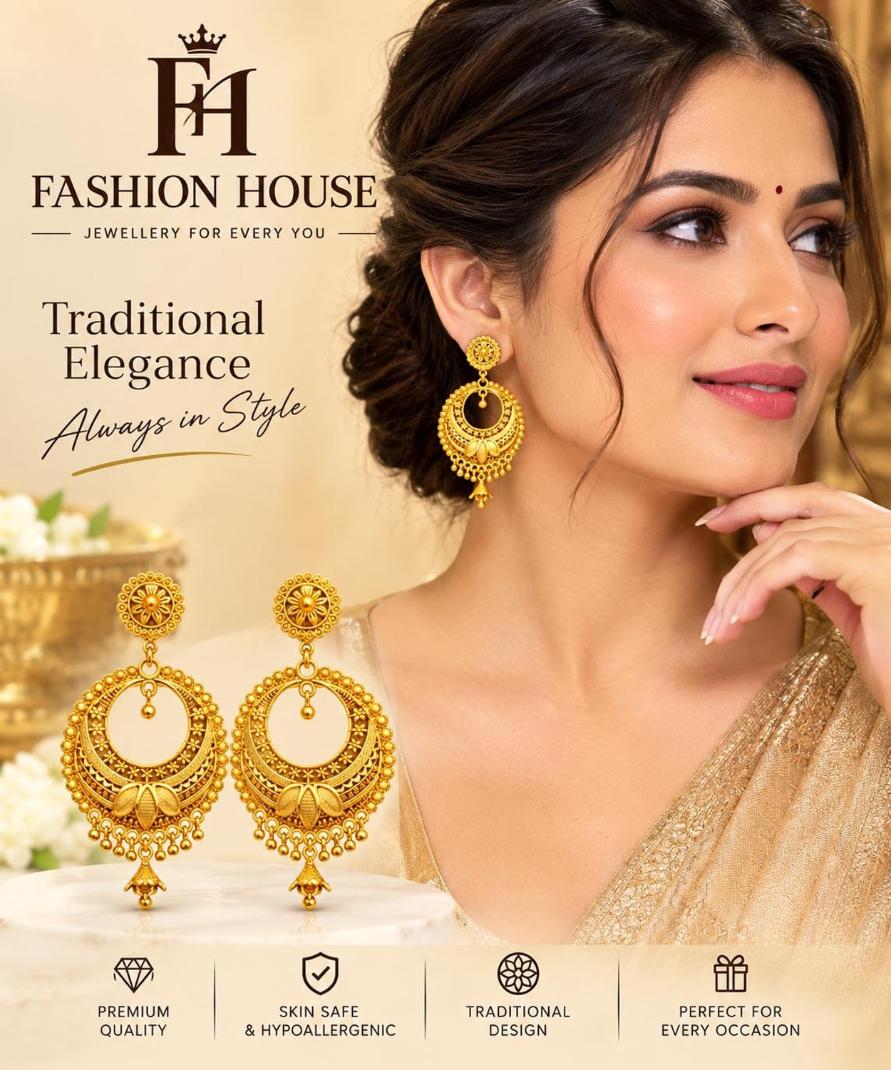 Image of FASHION HOUSE Gold Earring for woman Gold Plated Pearl Hoop Earrings Brass Chandbali Earring