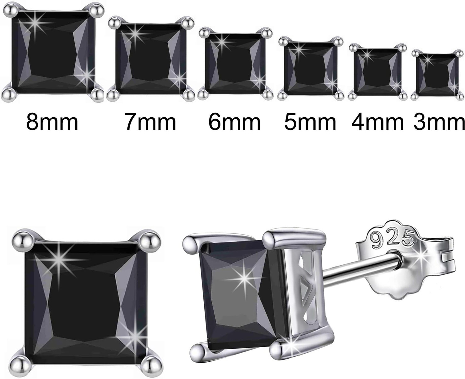 Image of SIVYAA 3MM Men's 1 Pcs Black Square Solitaire Diamond Earrings|925 Silver|Gift Men Boy| Cubic Zirconia Sterling Silver Stud Earring, Earring Set
