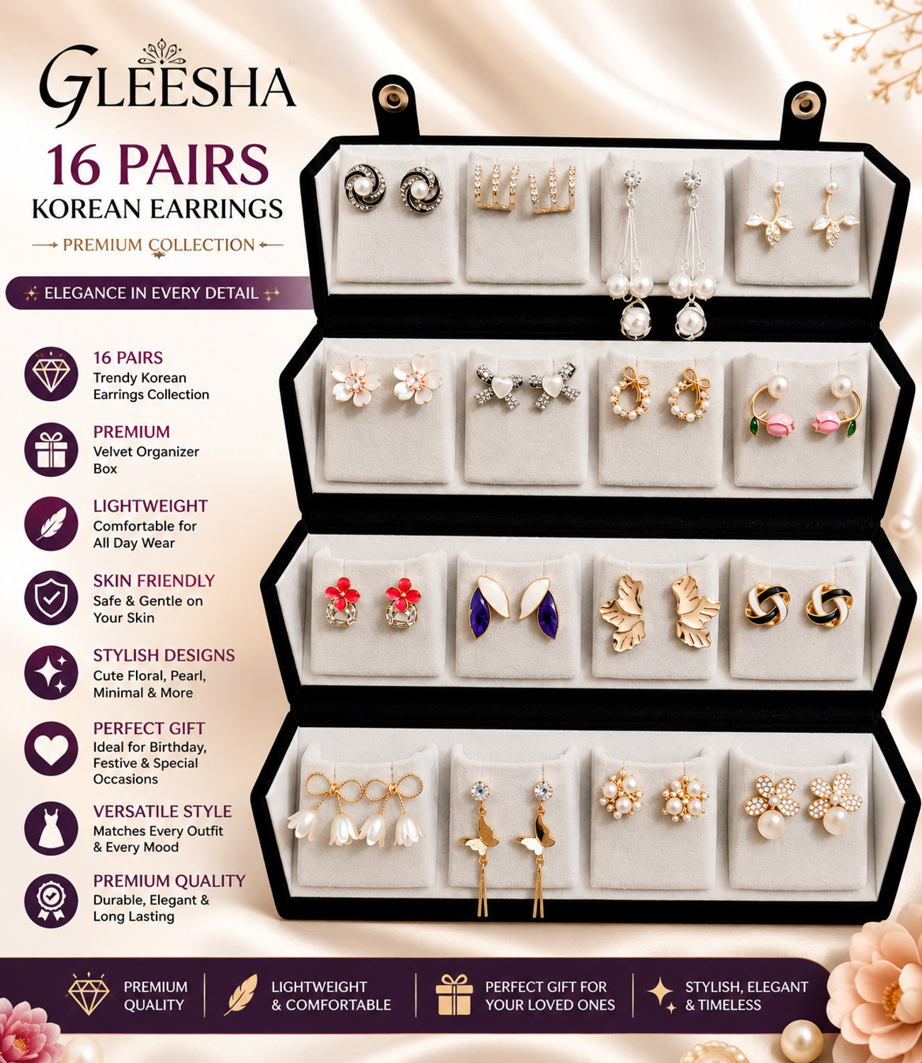 Image of Treviyaa 16 Earrings Box with Korean Earrings Alloy Jhumki Earring