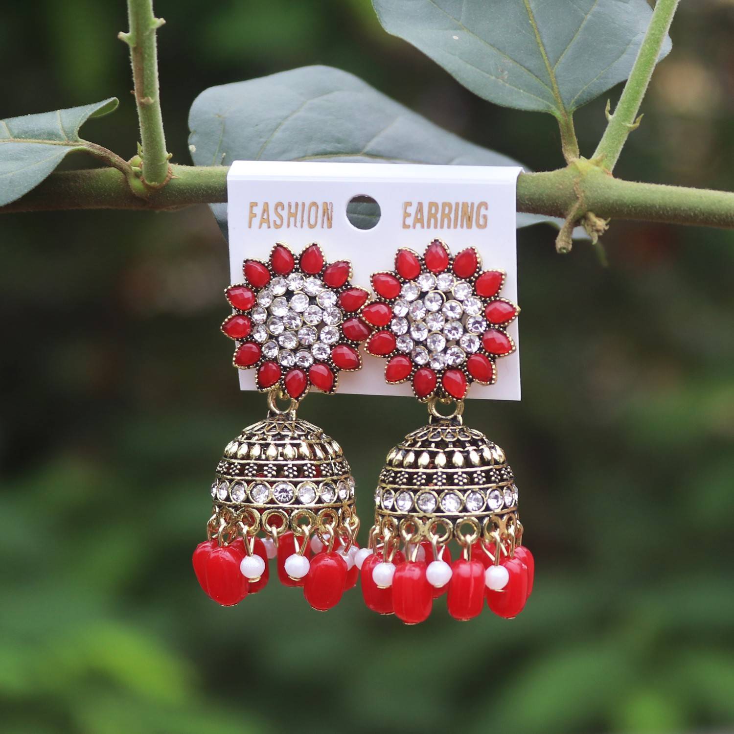 Aarohi Bollywood Inspired Gold Plated Crystal Red Pearl Kundan Jhumki Earrings Crystal, Beads Alloy, Crystal Jhumki Earring
