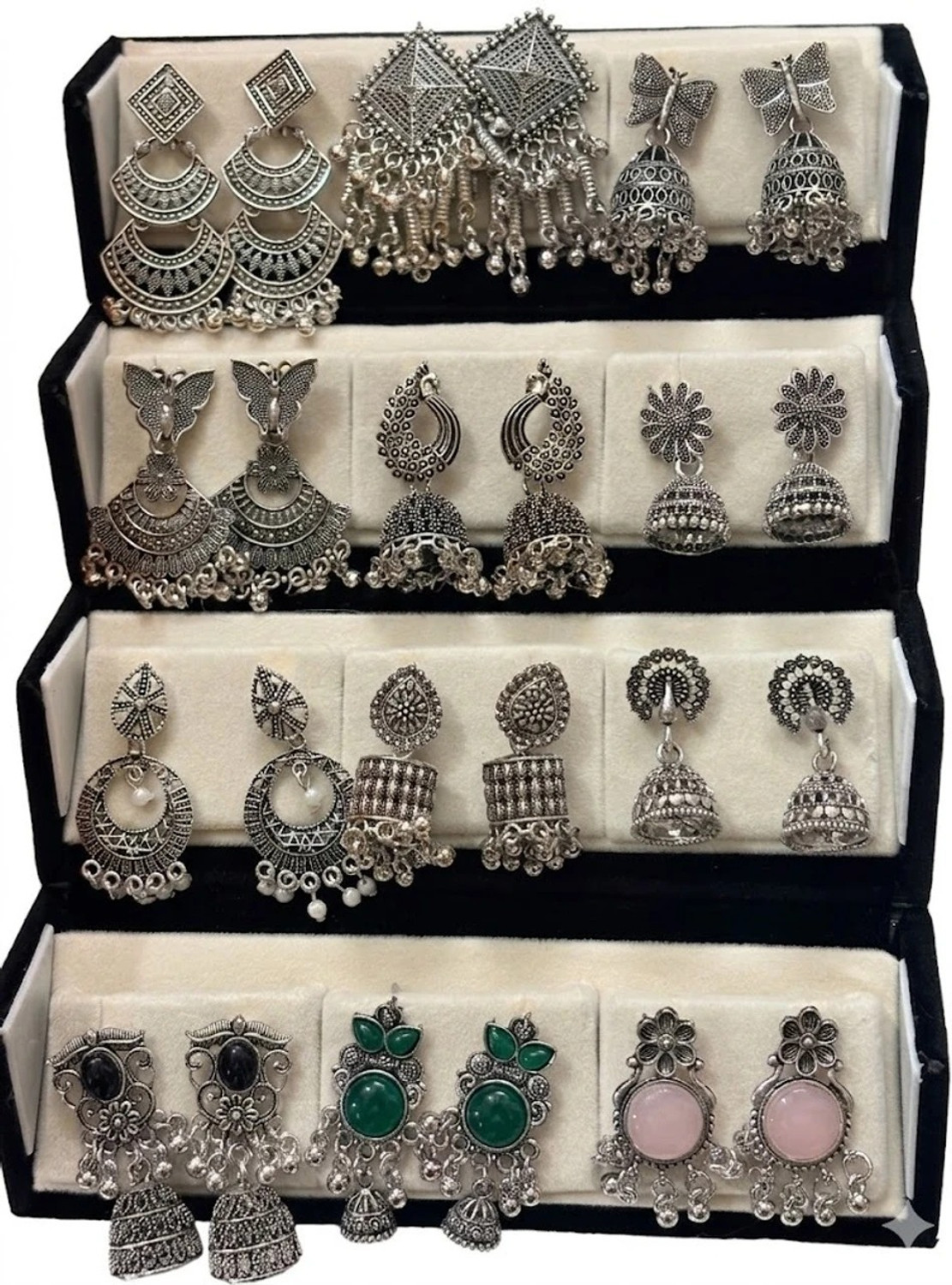 Image of IVORRA 12 Pairs Oxidised Silver Jhumka Earrings Box for Women Premium Box Alloy Chandbali Earring, Earring Set