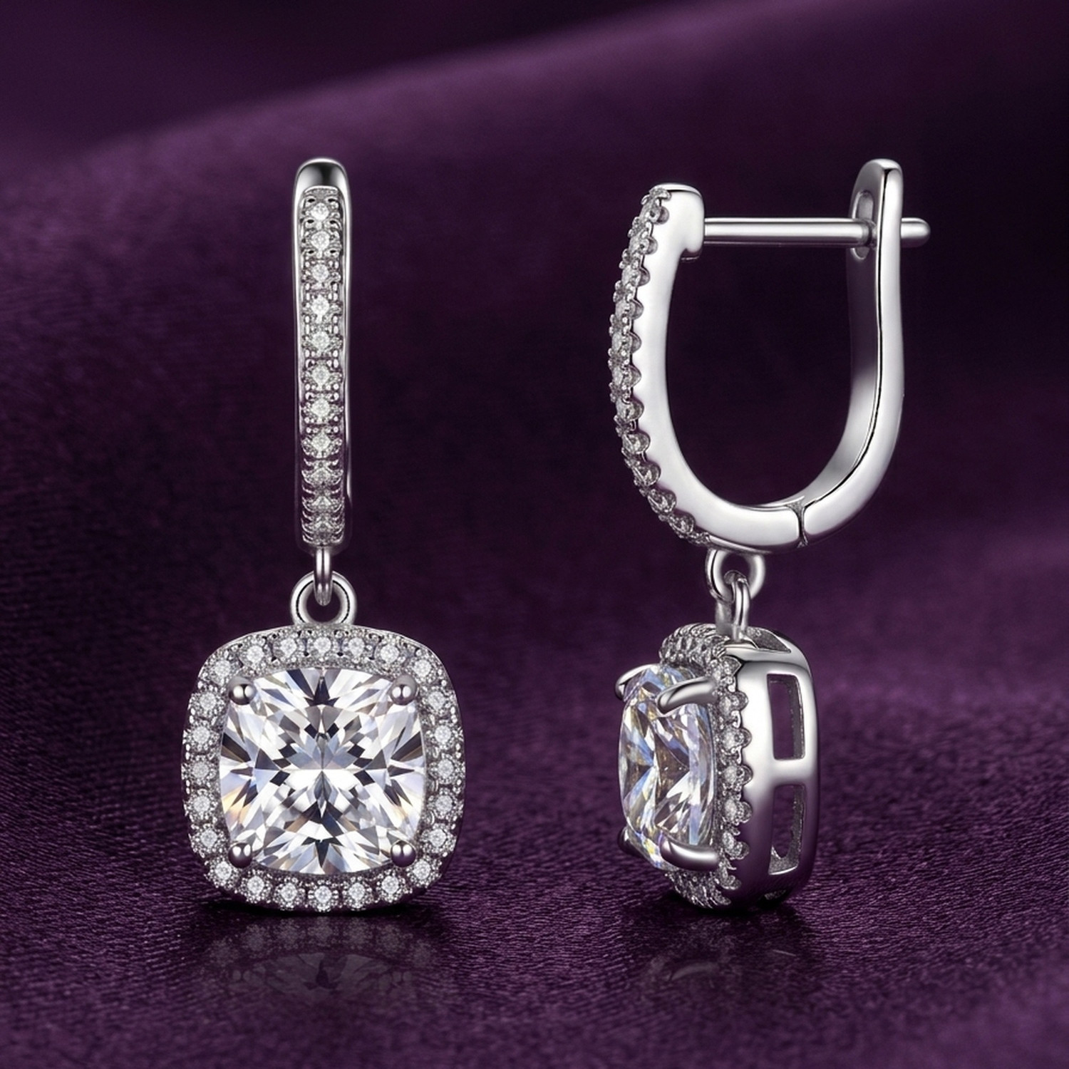 Image of RACHIVA 925 Sterling Silver Pave Hoop with Square Solitaire Drop Earrings Cubic Zirconia Sterling Silver Drops & Danglers