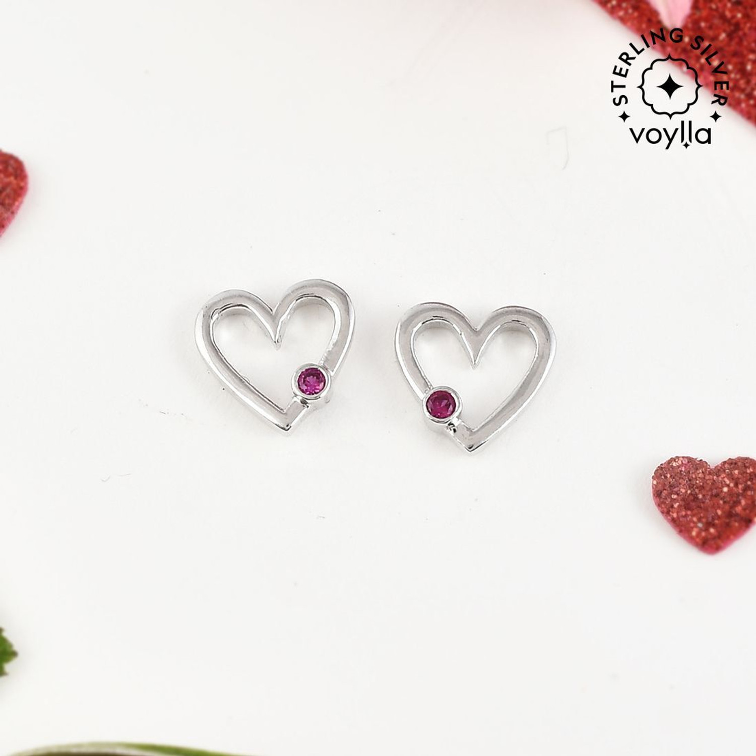 Image of Voylla Valentine's Day Collection Pink Zircon Studded Heart Stud Earrings Sterling Silver Earring Set
