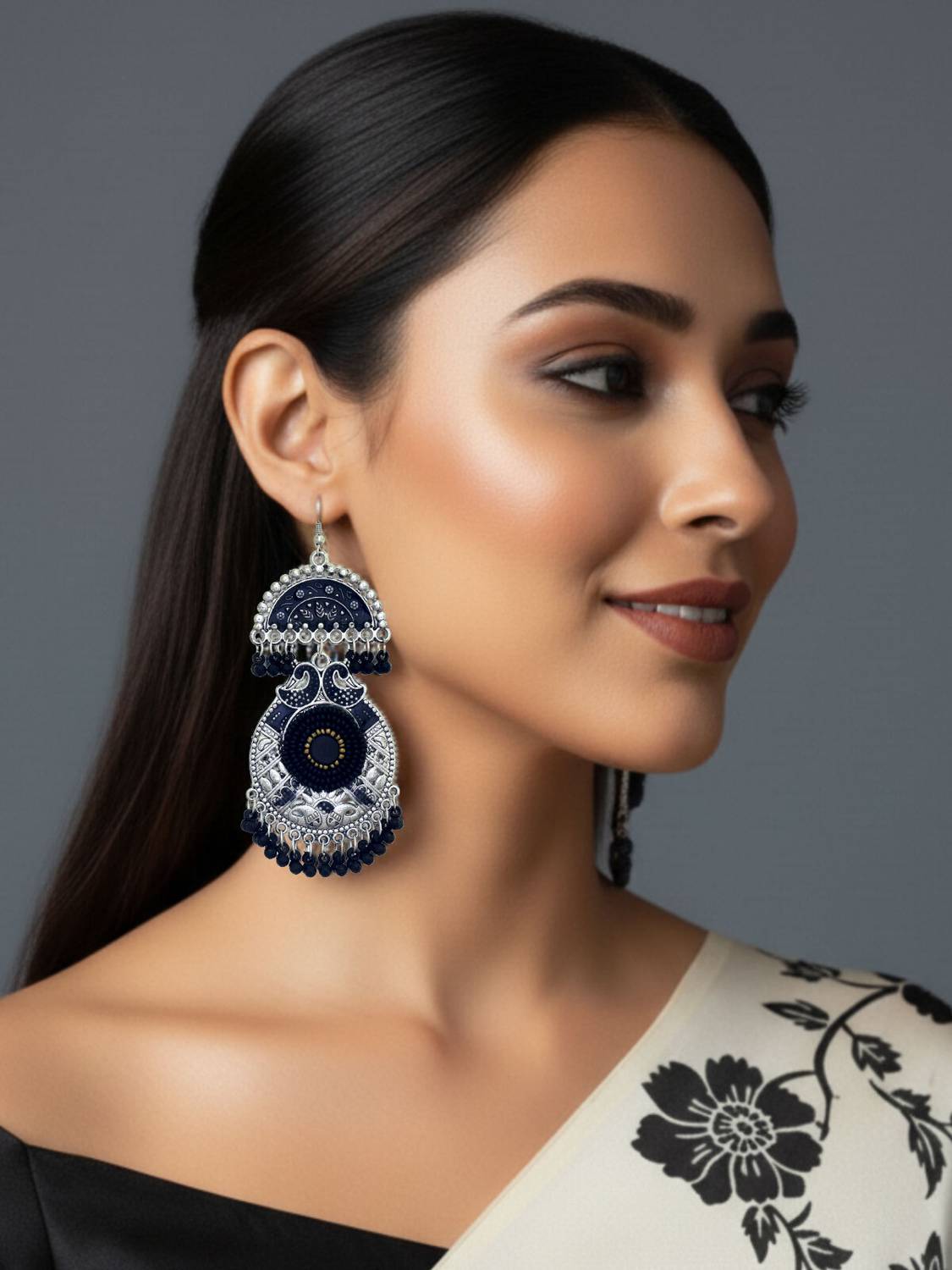 alysa Black and silver Meena Moti Mayur Alloy Drops & Danglers
