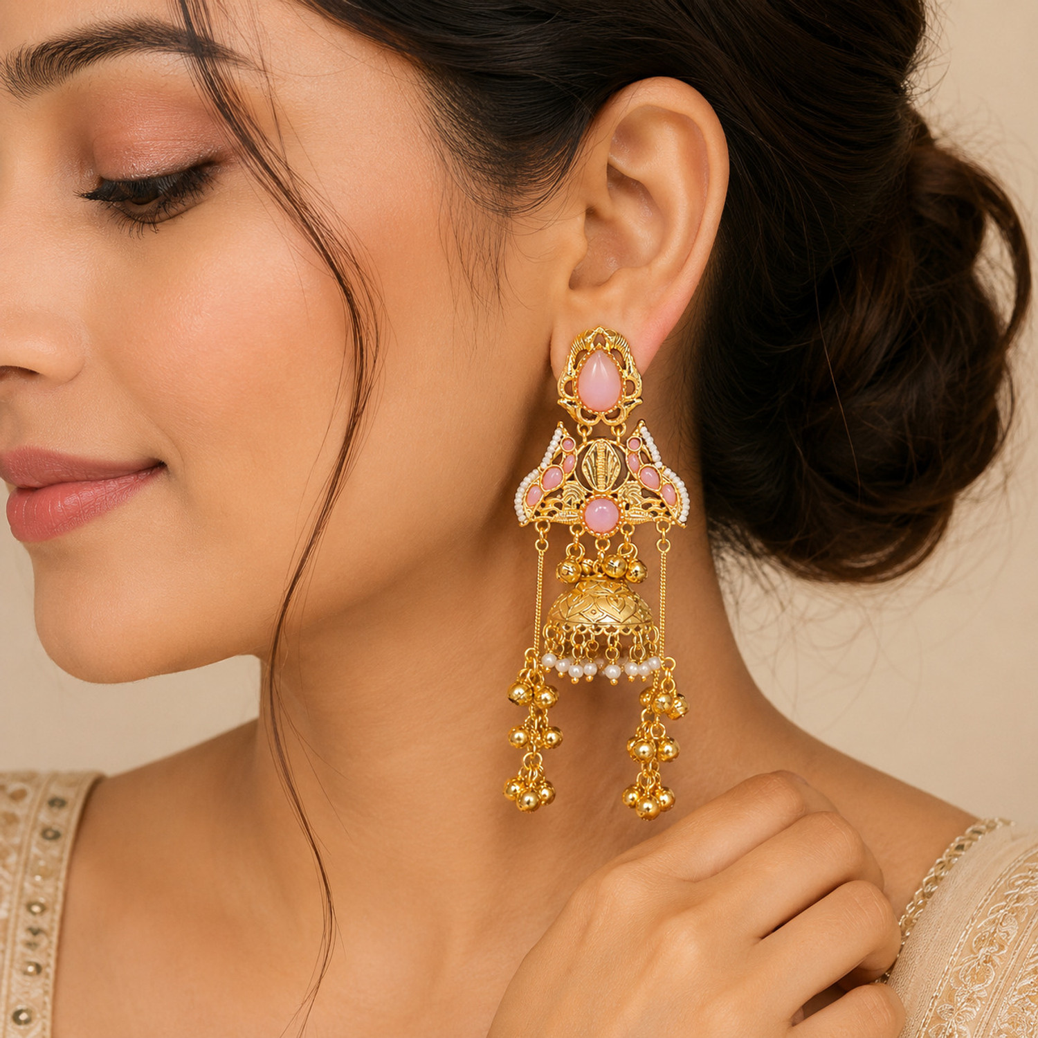 Image of Royaleum DOUBLE LONG CHAIN JHUMKA KASHMIRI EARRING SET Zircon Brass Drops & Danglers