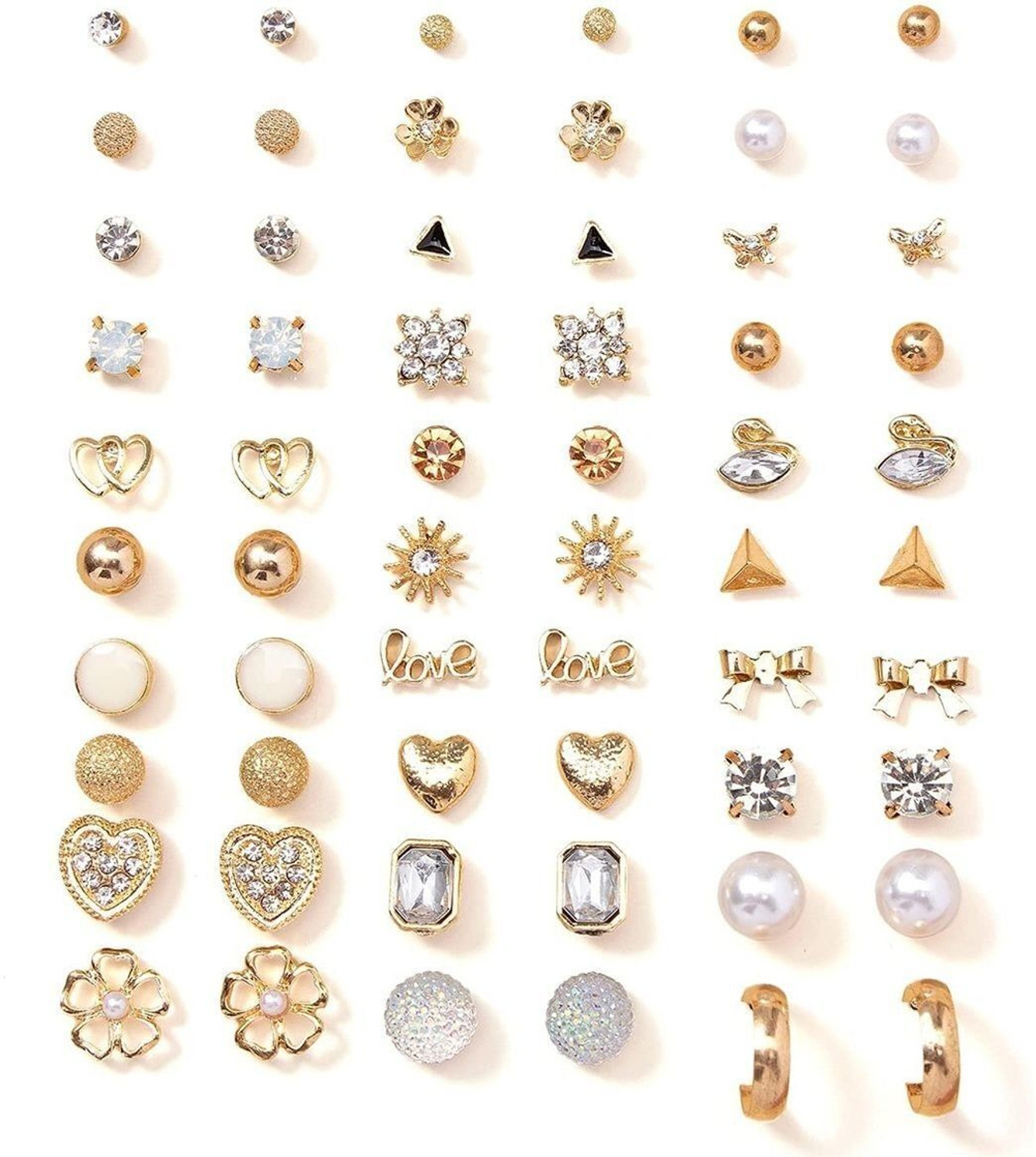 Image of Vembley Set Of 30 Pairs Gold-Plated Trendy Crystal & Pearl Stud Earring for Women Cubic Zirconia, Crystal, Pearl Alloy Stud Earring