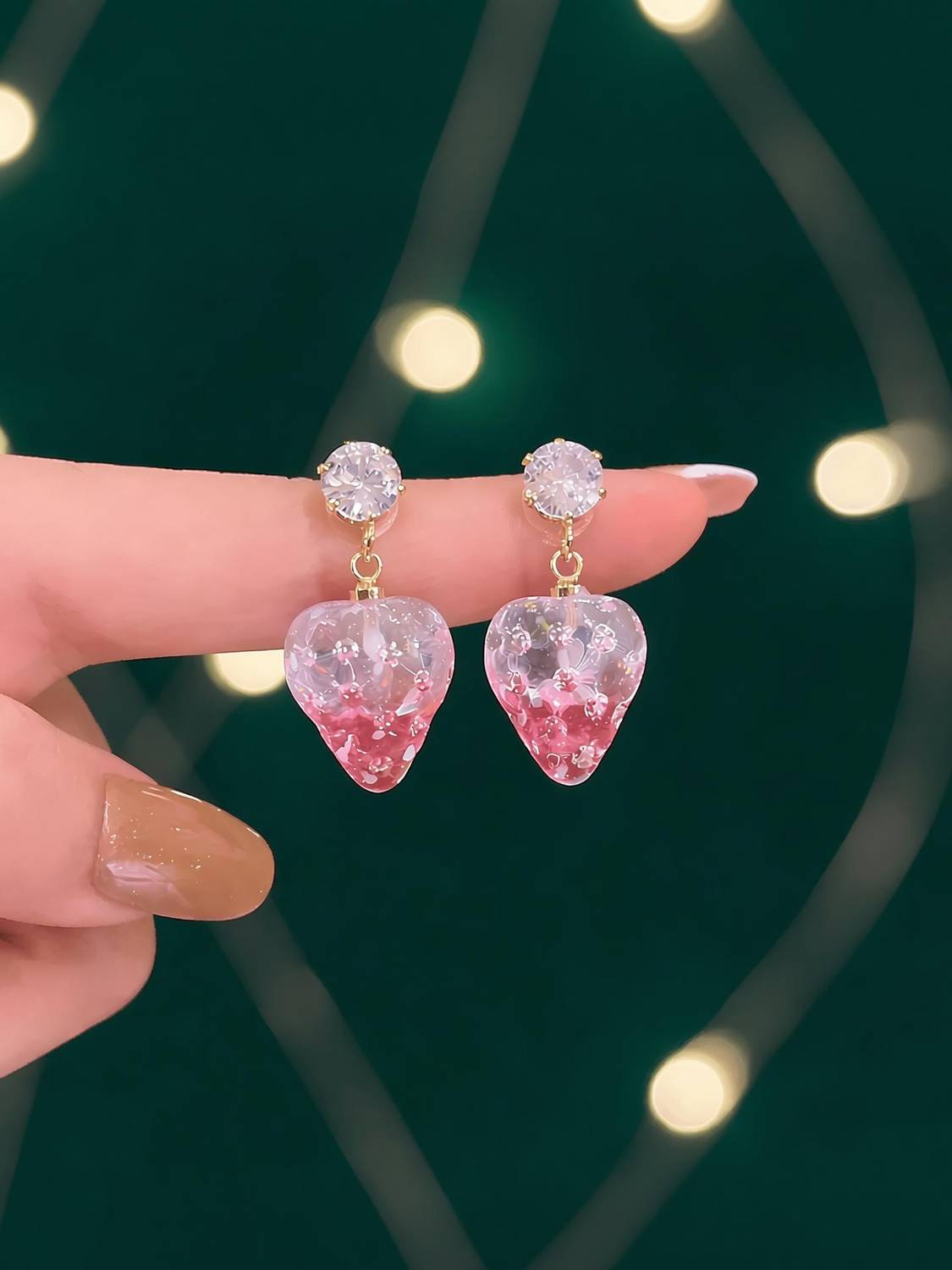 ANORI Fashion Pink Strawberry Dangle Earrings with Sparkling Crystal Stud Cubic Zirconia, Crystal Alloy Stud Earring