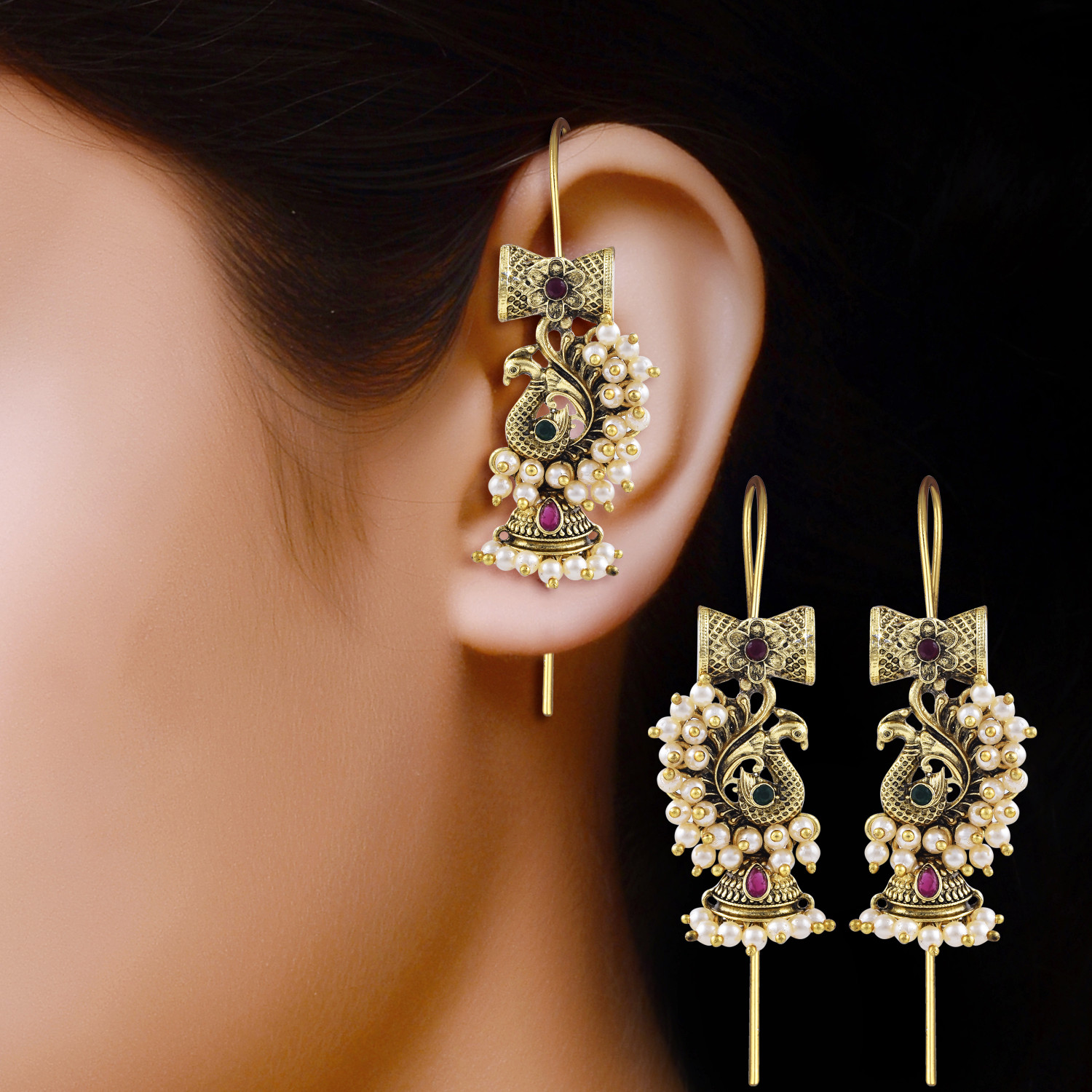 Image of VIGHNAHARTA Vighnaharta Charming Pearls CZ Ear Cuff Earring for Women and Girls{VFJ2890ERG} Cubic Zirconia Alloy Cuff Earring