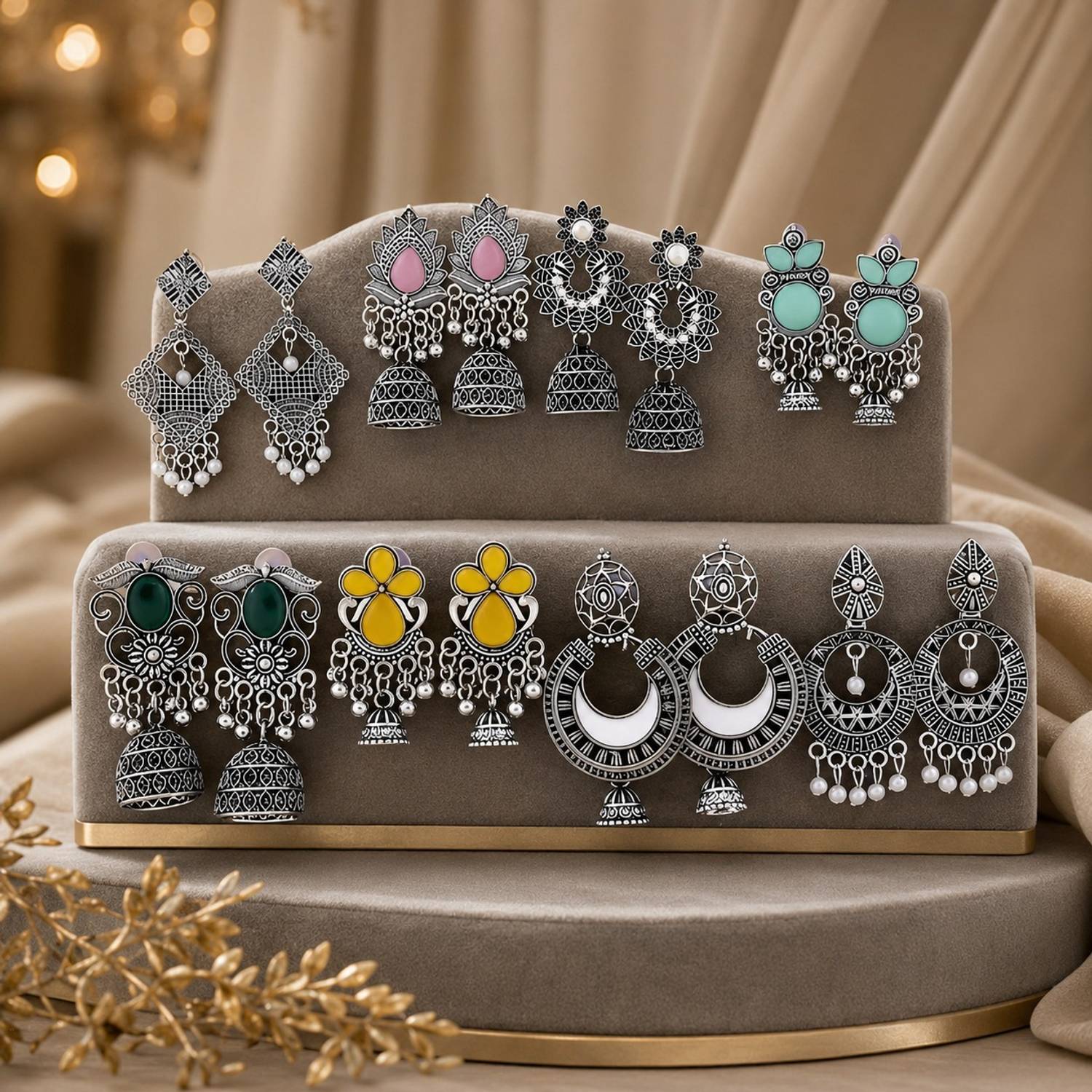 Gimiss Oxidised Silver Plated Jhumka Earrings Combo Set - Image 1