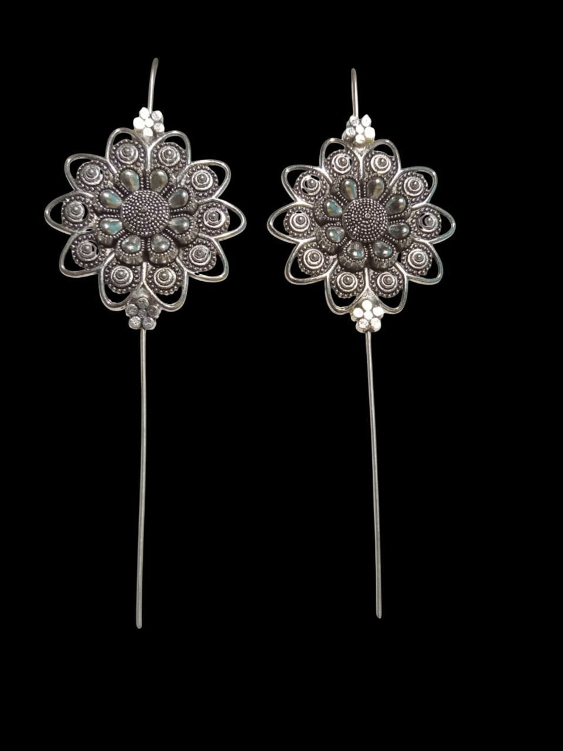 Image of Aktrap Oxidised Silver Flower Design Bugadi Earrings For Womens & Girls German Silver Cuff Earring