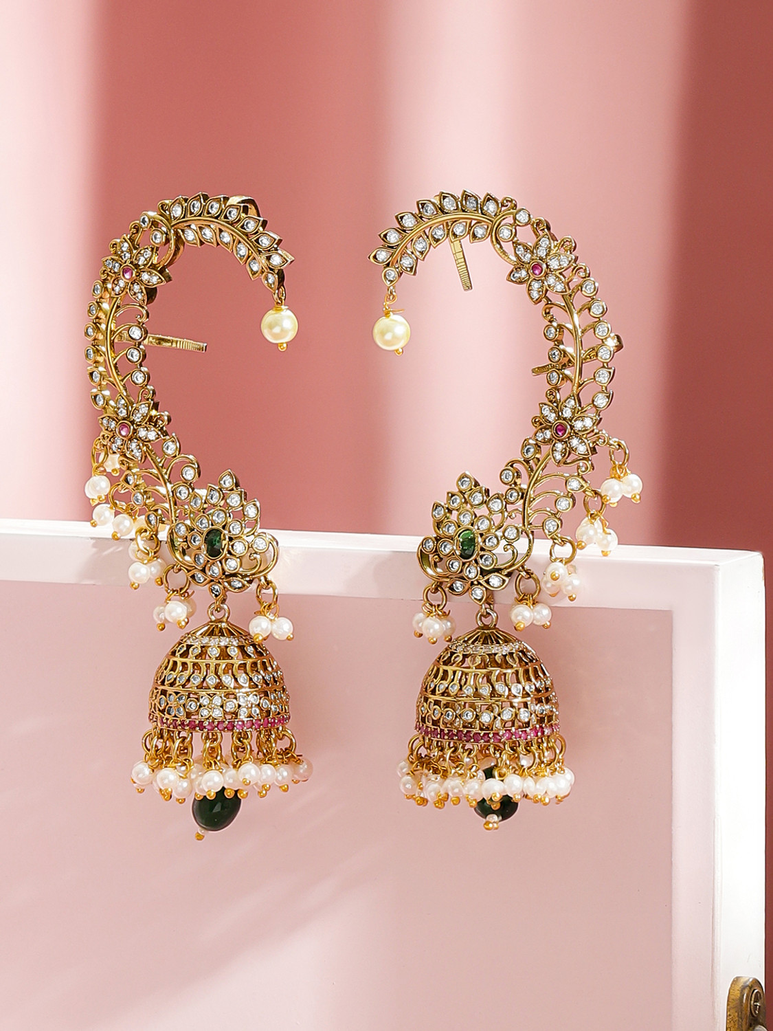 Image of RUBANS Rubans 22K Gold-Plated Ruby & Green Cubic Zirconia Ear Cuff Jhumka Earrings Brass Jhumki Earring