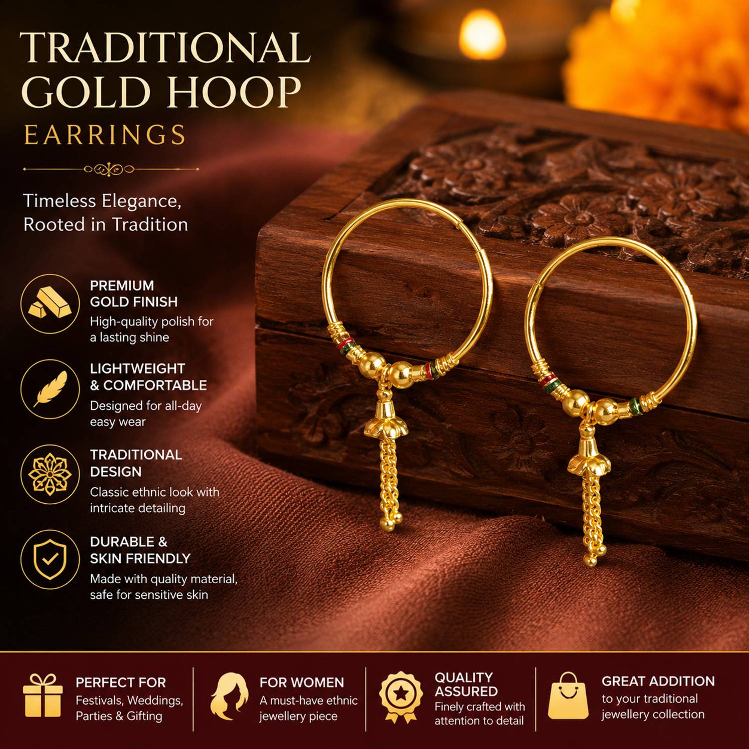 Aksha Gold Plated Ethnic Hoop Bali Dangler Earrings - Image 4