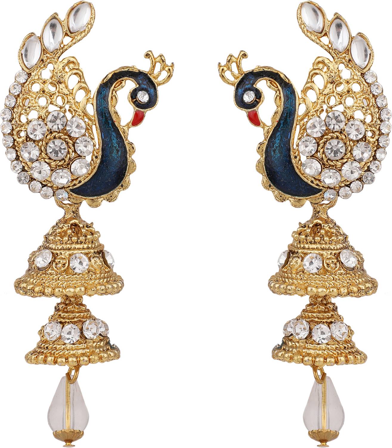 BHANA FASHION Peacock Shape White Stone Studded 2 Floor Jhumka Earring_BF Cubic Zirconia Brass Jhumki Earring