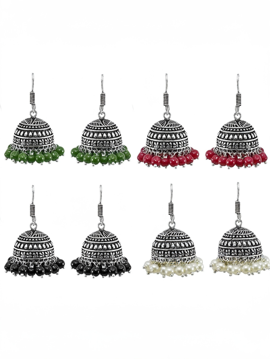 Image of Haniya 4 Pair Combo Afghani Jhumka German Silver Jhumki Oxidised Earrings Beads German Silver Jhumki Earring