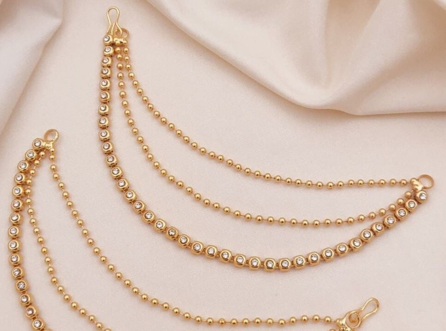 Image of kvmcreation Royal Heavy Triple Layered Ear Chain | Gold Plated Bridal Mattal Alloy Stud Earring, Jhumki Earring