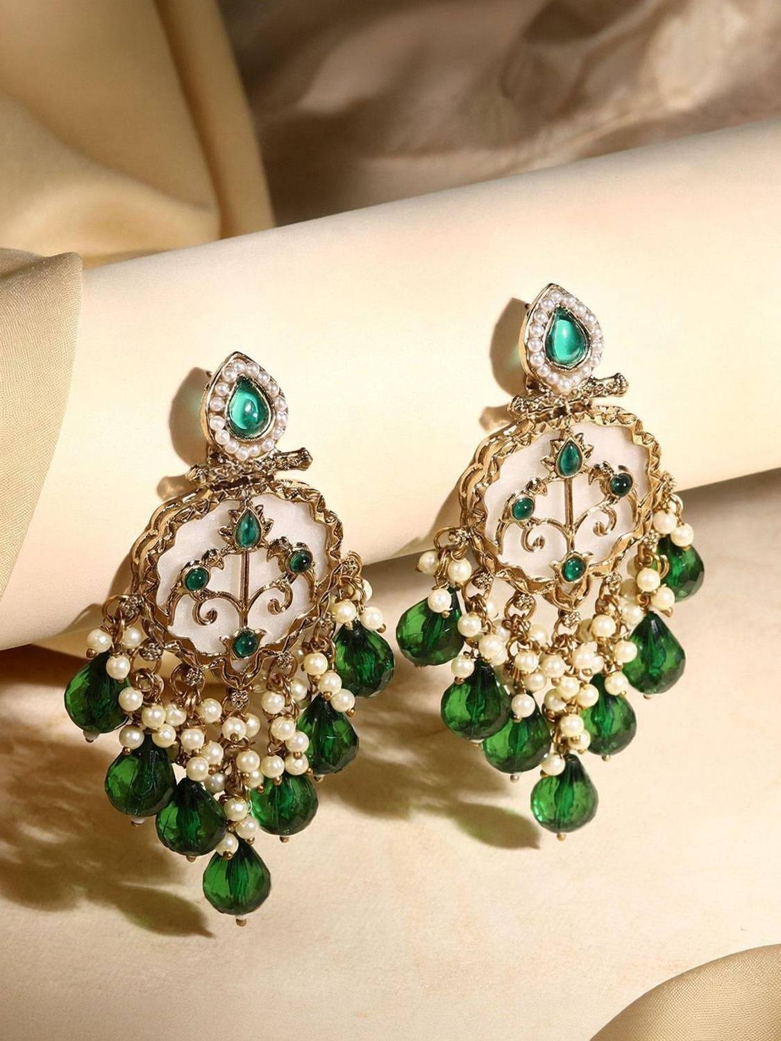 ASMITTA Jewellery Pearls and Cubic Zirconia Stone Studded Emerald Drop & Dangle Chandbali Earrings Pearl Alloy Drops & Danglers