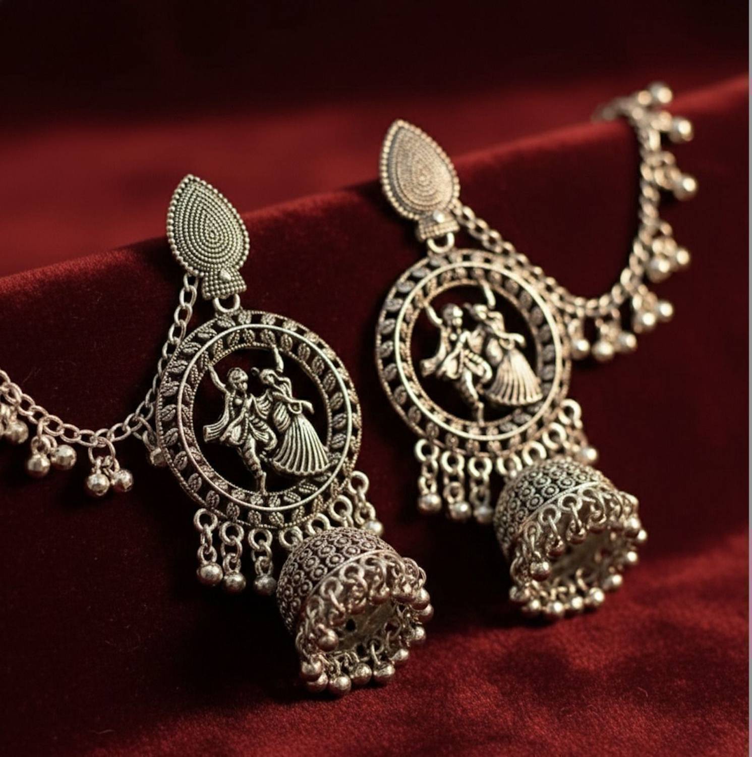 Aadya Collections Antique Oxidized Silver Radha Krishna Jhumka Earrings with Detachable Ear Chains Alloy Jhumki Earring