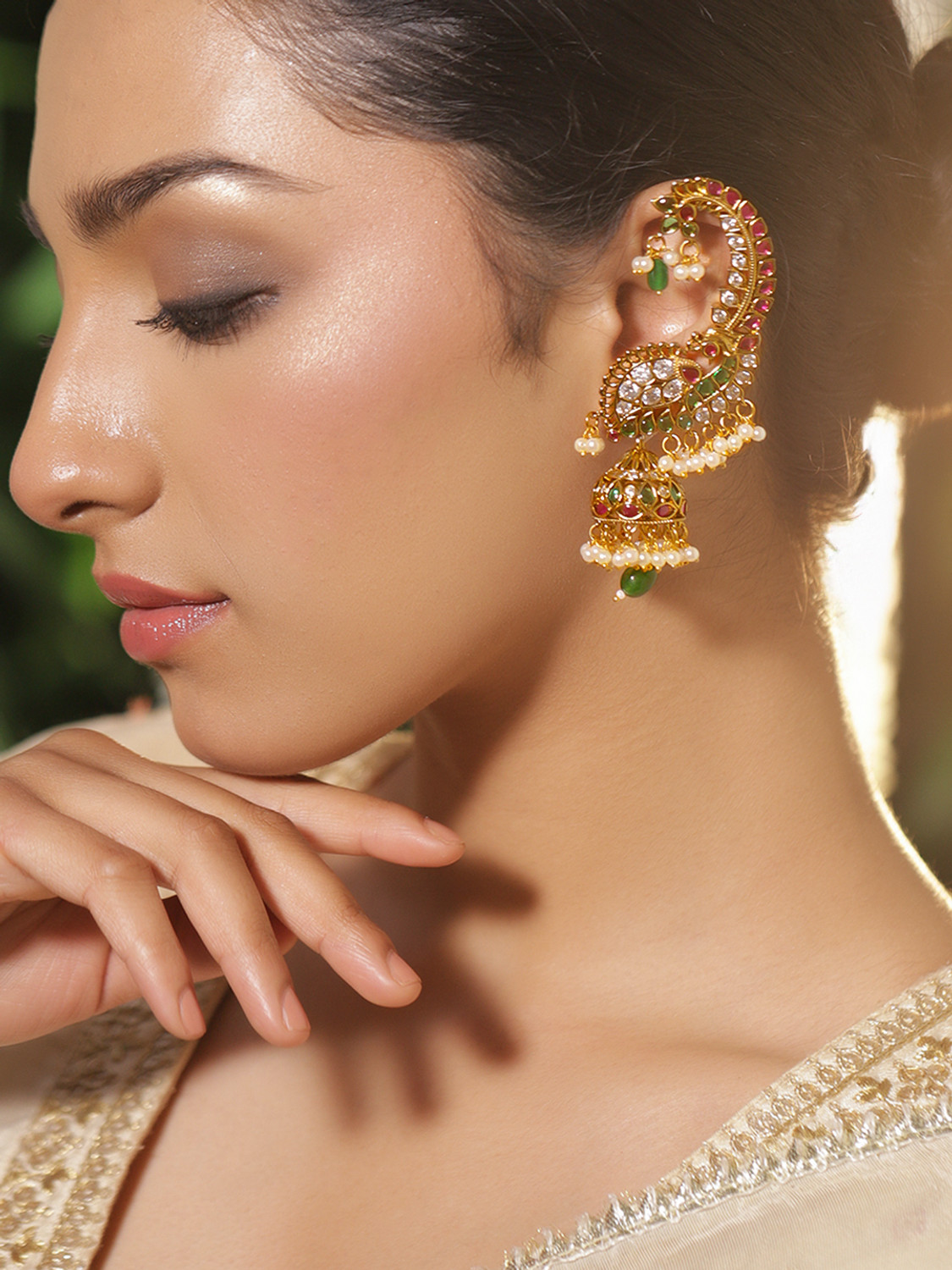 Image of RUBANS Rubans Gold Plated Peacock Motif Multicolor Ear Cuff Jhumkas Brass Jhumki Earring