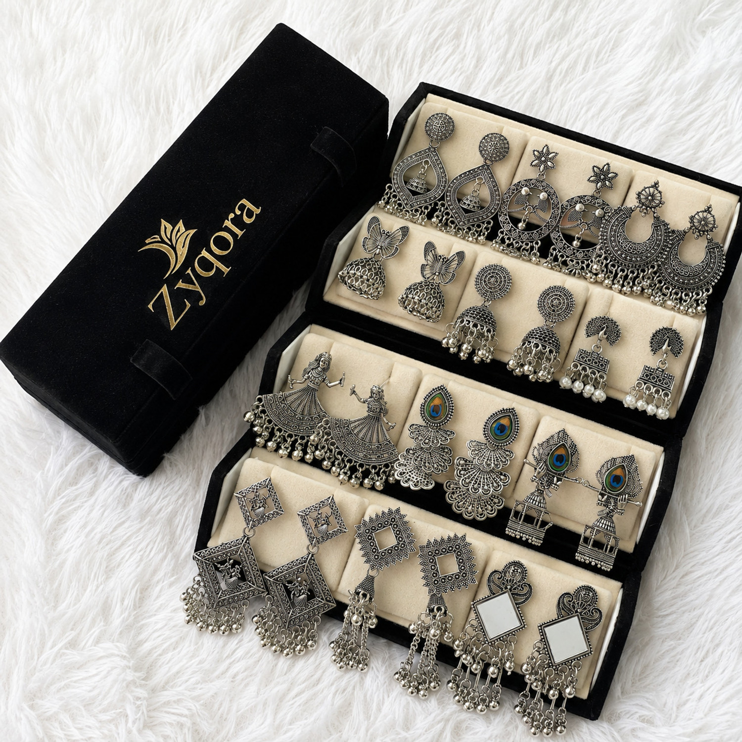 Image of Zyqora Oxidised Jhumka Earrings 12 Pairs Combo Set for Women Girls Ethnic Wear Alloy, Steel Earring Set, Jhumki Earring