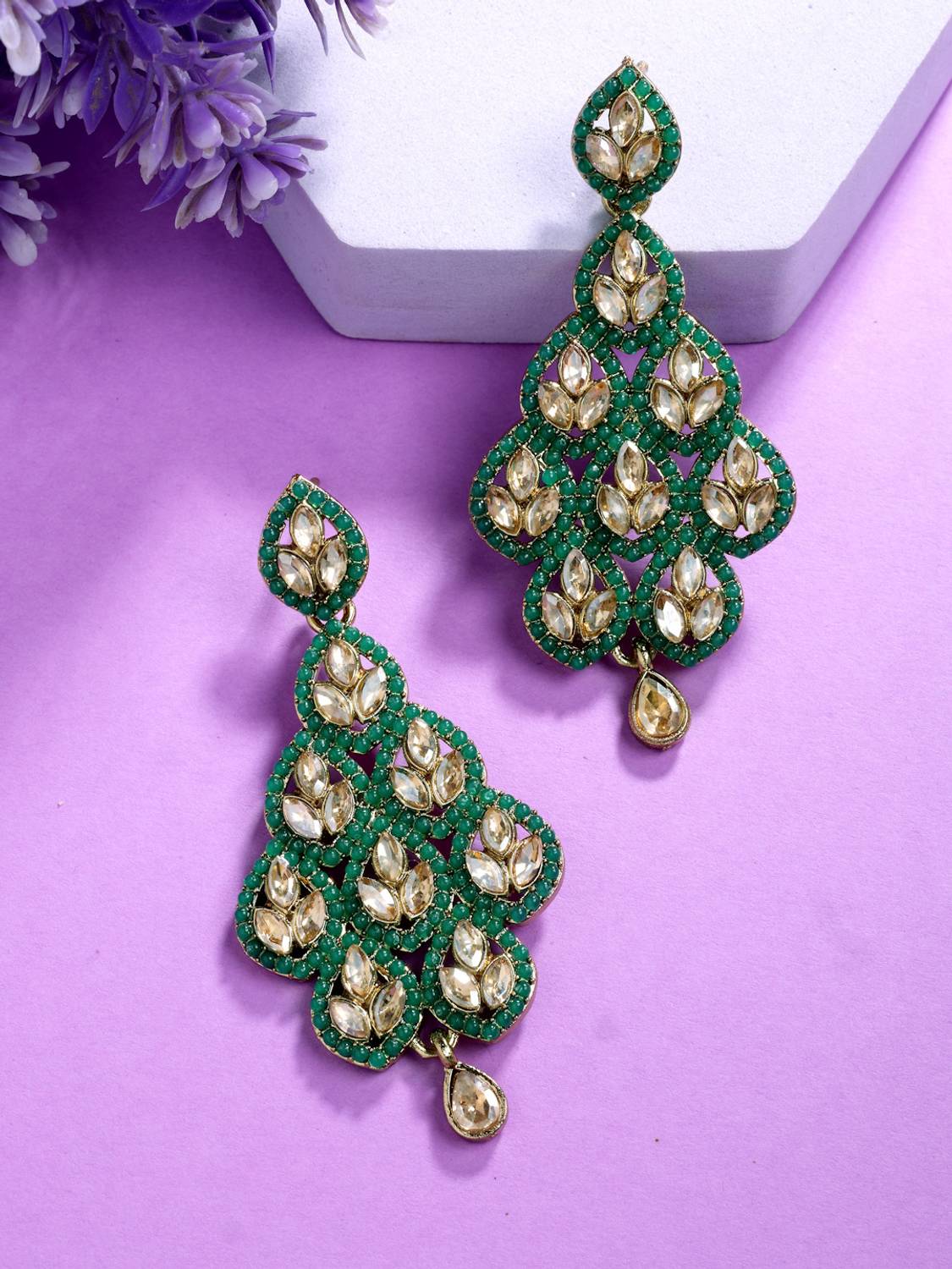 Adiva Gold-Plated Green Kundan Leaf-Design Drop Earrings for Women Alloy Drops & Danglers